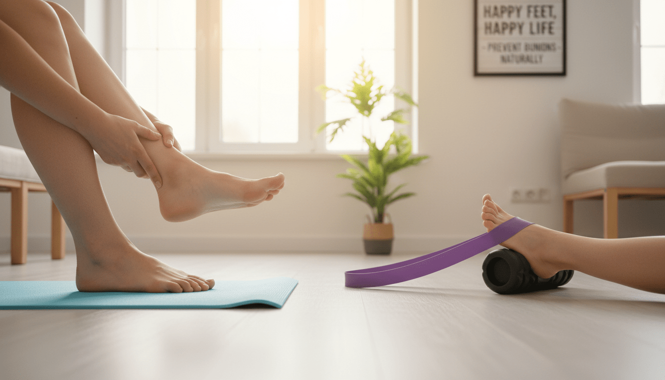 A serene indoor setting displaying a variety of foot exercises aimed at preventing hallux valgus (bunion). In the foreground, a pair of feet engaged in gentle stretches, with one foot on a yoga mat and the other leg crossed in a seated position, showcasing the flexibility of the toes. The middle layer features exercise props such as a wide rubber band and a small foam roller for therapeutic purposes. In the background, soft natural light filters through a window, casting warm hues and creating an inviting atmosphere. The room is well-organized, with a potted plant and a motivational poster about foot health. The overall mood is calm and encouraging, highlighting the importance of foot care without surgery. A serene indoor setting displaying a variety of foot exercises aimed at preventing hallux valgus (bunion). In the foreground, a pair of feet engaged in gentle stretches, with one foot on a yoga mat and the other leg crossed in a seated position, showcasing the flexibility of the toes. The middle layer features exercise props such as a wide rubber band and a small foam roller for therapeutic purposes. In the background, soft natural light filters through a window, casting warm hues and creating an inviting atmosphere. The room is well-organized, with a potted plant and a motivational poster about foot health. The overall mood is calm and encouraging, highlighting the importance of foot care without surgery.