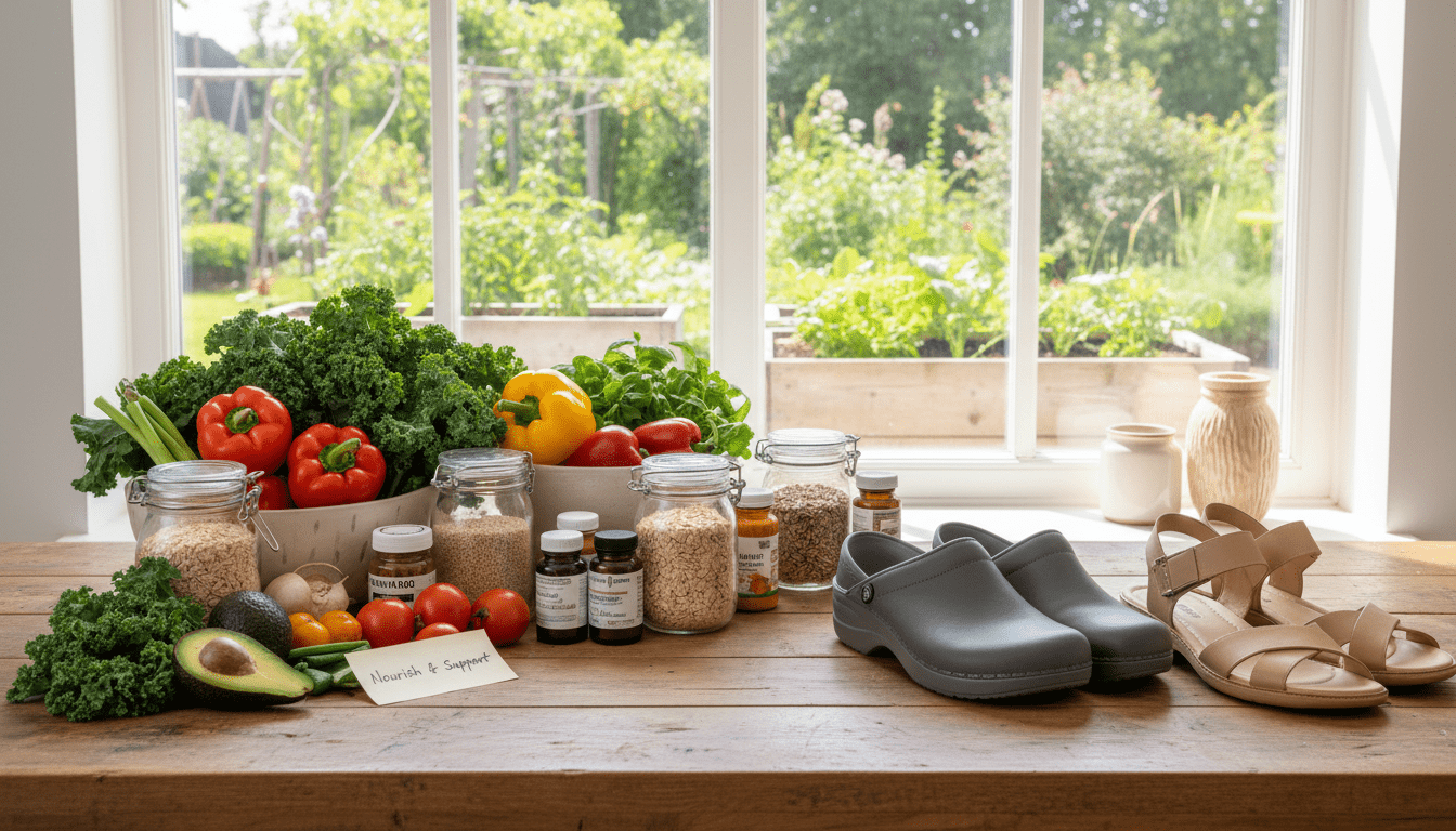 A serene, inviting kitchen setting bathed in soft, natural light, showcasing a variety of healthy foods and ingredients. In the foreground, a wooden table is adorned with fresh vegetables, whole grains, and herbal supplements, symbolizing a holistic approach to managing Hallux Valgus. The middle ground features a pair of professional-looking medical shoes designed for foot comfort, positioned beside a pair of stylish yet supportive sandals. In the background, a window reveals a lush garden, indicating a focus on a healthy lifestyle and nutrition. The atmosphere is calm and positive, evoking a sense of wellness and proactive care, while emphasizing the interconnectedness of diet, lifestyle, and foot health. The image aims to inspire a balanced approach to managing foot conditions like Hallux Valgus. A serene, inviting kitchen setting bathed in soft, natural light, showcasing a variety of healthy foods and ingredients. In the foreground, a wooden table is adorned with fresh vegetables, whole grains, and herbal supplements, symbolizing a holistic approach to managing Hallux Valgus. The middle ground features a pair of professional-looking medical shoes designed for foot comfort, positioned beside a pair of stylish yet supportive sandals. In the background, a window reveals a lush garden, indicating a focus on a healthy lifestyle and nutrition. The atmosphere is calm and positive, evoking a sense of wellness and proactive care, while emphasizing the interconnectedness of diet, lifestyle, and foot health. The image aims to inspire a balanced approach to managing foot conditions like Hallux Valgus.