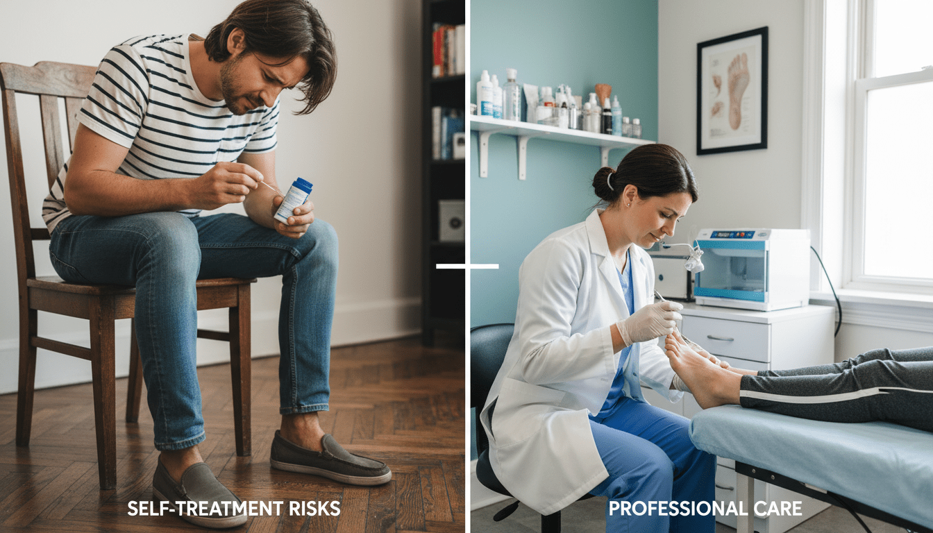 A split scene illustrating the contrast between self-treatment and professional therapy for foot warts. In the foreground, a person in smart casual clothing is carefully applying an over-the-counter wart treatment on their foot, looking focused yet apprehensive. In the middle ground, a professional podiatrist in a lab coat is examining a patient's foot in a clean, well-lit clinic, conveying confidence and expertise. The background features a calming, sterile environment with medical tools neatly organized, emphasizing safety and professionalism. Soft, natural lighting casts gentle shadows, enhancing the seriousness of the medical setting while maintaining a hopeful atmosphere. The overall mood reflects the tension between personal care and professional guidance, illustrating the risks associated with self-treatment. A split scene illustrating the contrast between self-treatment and professional therapy for foot warts. In the foreground, a person in smart casual clothing is carefully applying an over-the-counter wart treatment on their foot, looking focused yet apprehensive. In the middle ground, a professional podiatrist in a lab coat is examining a patient's foot in a clean, well-lit clinic, conveying confidence and expertise. The background features a calming, sterile environment with medical tools neatly organized, emphasizing safety and professionalism. Soft, natural lighting casts gentle shadows, enhancing the seriousness of the medical setting while maintaining a hopeful atmosphere. The overall mood reflects the tension between personal care and professional guidance, illustrating the risks associated with self-treatment.