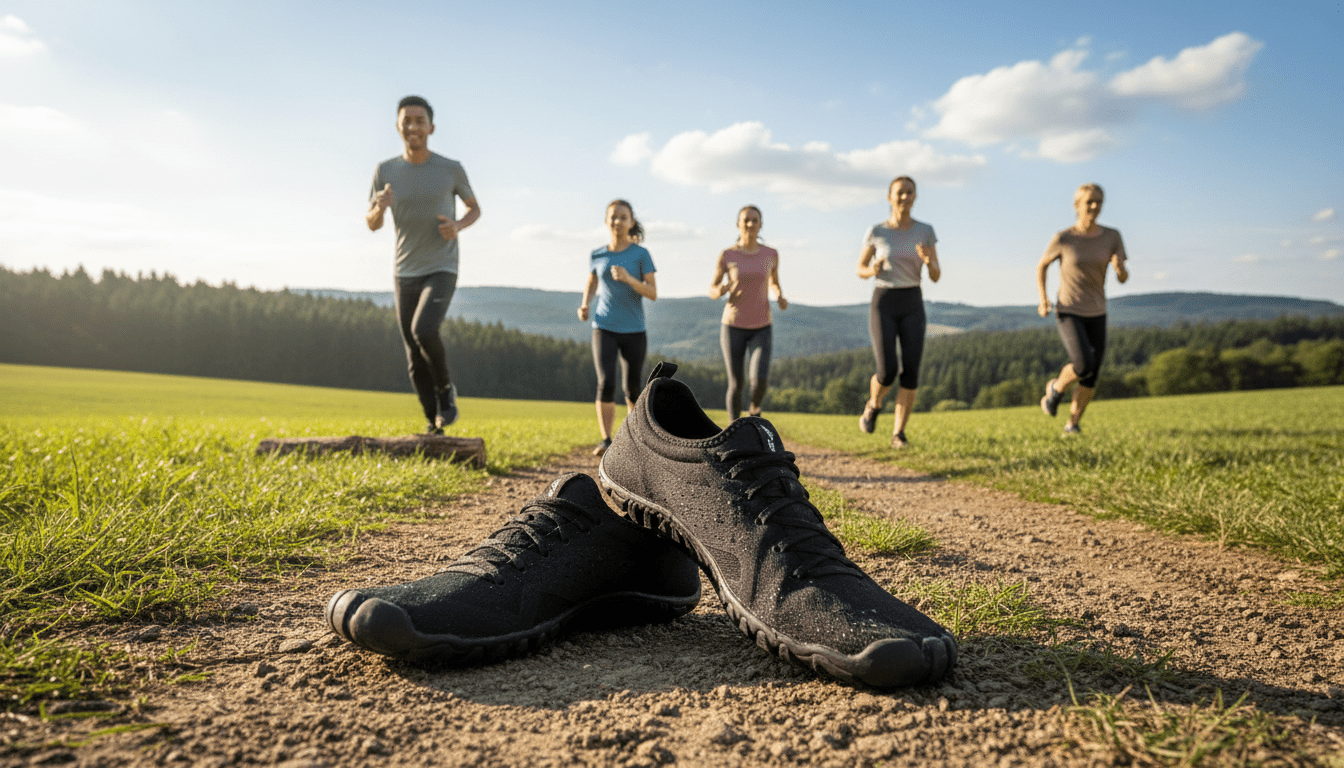 A vibrant outdoor scene showcasing a pair of barefoot shoes prominently in the foreground, set against a picturesque running trail. The shoes are designed with a flexible, minimalist look, emphasizing their ergonomic features. In the middle ground, a diverse group of runners in athletic, modest clothing is engaged in dynamic training sessions, demonstrating various running techniques. The background features lush greenery and gentle rolling hills under a bright blue sky, indicative of a sunny day that inspires motivation and vitality. Soft, diffused lighting highlights the shoes and the runners, creating an energetic yet harmonious atmosphere, perfect for illustrating the benefits and aspects of barefoot running in sports training. A vibrant outdoor scene showcasing a pair of barefoot shoes prominently in the foreground, set against a picturesque running trail. The shoes are designed with a flexible, minimalist look, emphasizing their ergonomic features. In the middle ground, a diverse group of runners in athletic, modest clothing is engaged in dynamic training sessions, demonstrating various running techniques. The background features lush greenery and gentle rolling hills under a bright blue sky, indicative of a sunny day that inspires motivation and vitality. Soft, diffused lighting highlights the shoes and the runners, creating an energetic yet harmonious atmosphere, perfect for illustrating the benefits and aspects of barefoot running in sports training.