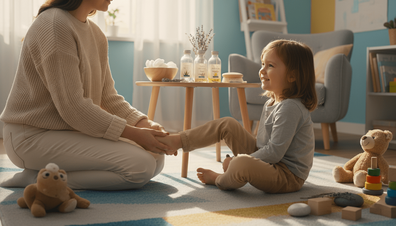 A warm and soothing scene capturing gentle foot care for children. In the foreground, a caring adult, wearing a modest casual outfit, is attentively examining a child's foot, ensuring comfort and safety. The child is smiling, sitting on a soft, colorful rug, surrounded by playful toys. In the middle ground, a table displays natural, gentle foot care products like aloe vera gel and soft cotton pads, suggesting a home remedy approach. The background features a softly lit room, with pastel-colored walls and warm sunlight streaming through a window, creating a calm, nurturing atmosphere. The overall mood is reassuring and tender, emphasizing the theme of gentle care without fear or pain, reflecting compassion and safety in child foot treatment.