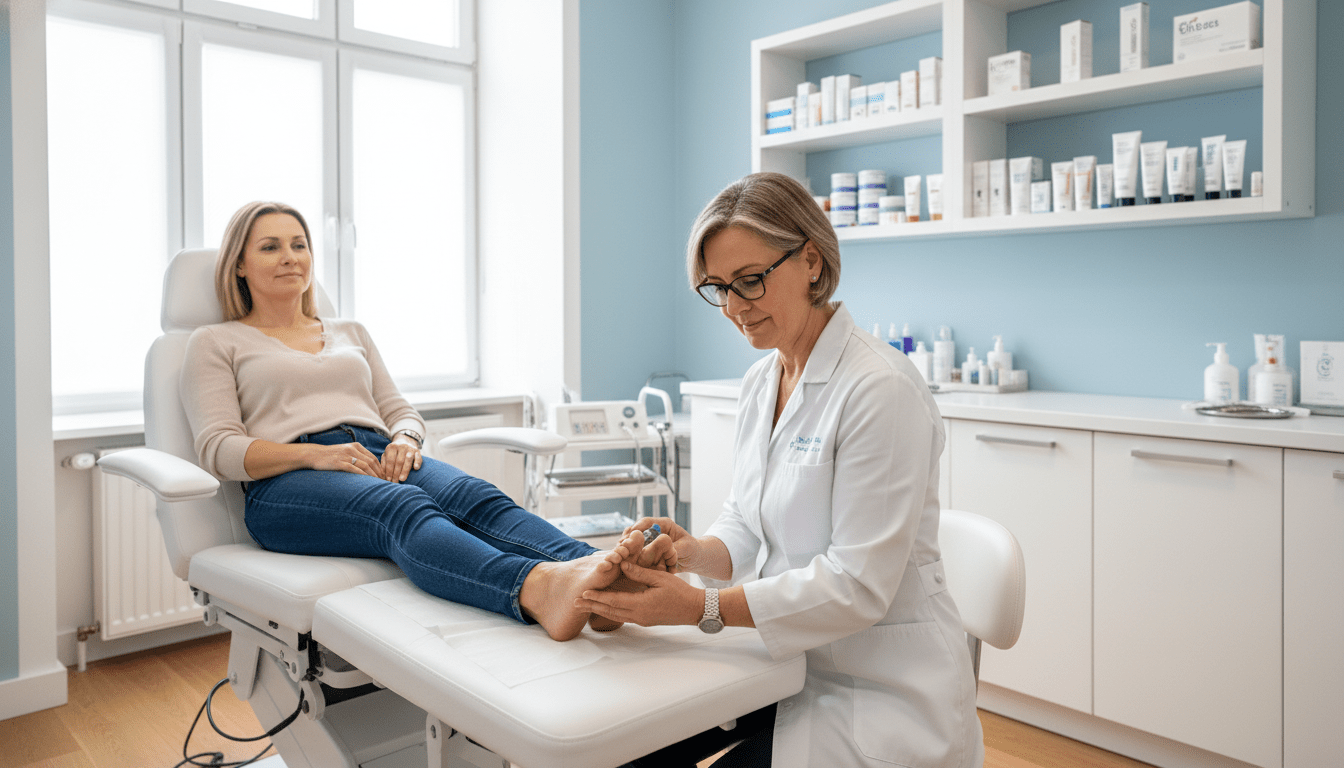 A welcoming podiatry practice interior, showcasing a clean and organized treatment room. In the foreground, a professional podiatrist in a white lab coat, gently assisting a patient sitting on an examination chair, focusing on foot care. The podiatrist is a middle-aged woman with glasses, displaying a caring demeanor. In the middle ground, shelves filled with podiatry tools and a variety of foot care products, emphasizing professionalism and expertise. The background features soft, natural light coming through a large window, creating a soothing atmosphere. The color palette is soft and calming, with pastel blues and whites to evoke a sense of cleanliness and care. The overall mood is reassuring and professional, perfect for highlighting podiatric treatments.