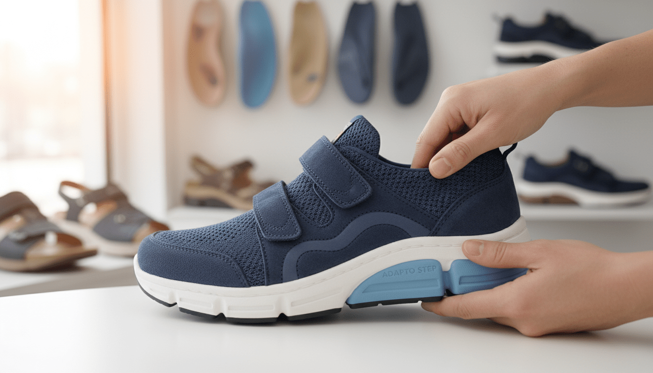 A well-designed shoe suitable for foot conditions, such as flat feet, positioned prominently in the foreground. The shoe features orthopedic support with arch contours, cushioned soles, and adjustable straps, showcasing its functionality. In the middle ground, a pair of hands gently examines the shoe, demonstrating the idea of customization and individual fit. The background includes a subtle display of orthopedic insoles and additional footwear options for varying foot shapes, enhancing the theme of personalized footwear. Soft, natural lighting illuminates the scene, creating an inviting atmosphere, with a focus on the shoe’s details. The angle is slightly elevated, emphasizing the shoe’s design and suitability for those with foot deformities. A well-designed shoe suitable for foot conditions, such as flat feet, positioned prominently in the foreground. The shoe features orthopedic support with arch contours, cushioned soles, and adjustable straps, showcasing its functionality. In the middle ground, a pair of hands gently examines the shoe, demonstrating the idea of customization and individual fit. The background includes a subtle display of orthopedic insoles and additional footwear options for varying foot shapes, enhancing the theme of personalized footwear. Soft, natural lighting illuminates the scene, creating an inviting atmosphere, with a focus on the shoe’s details. The angle is slightly elevated, emphasizing the shoe’s design and suitability for those with foot deformities.