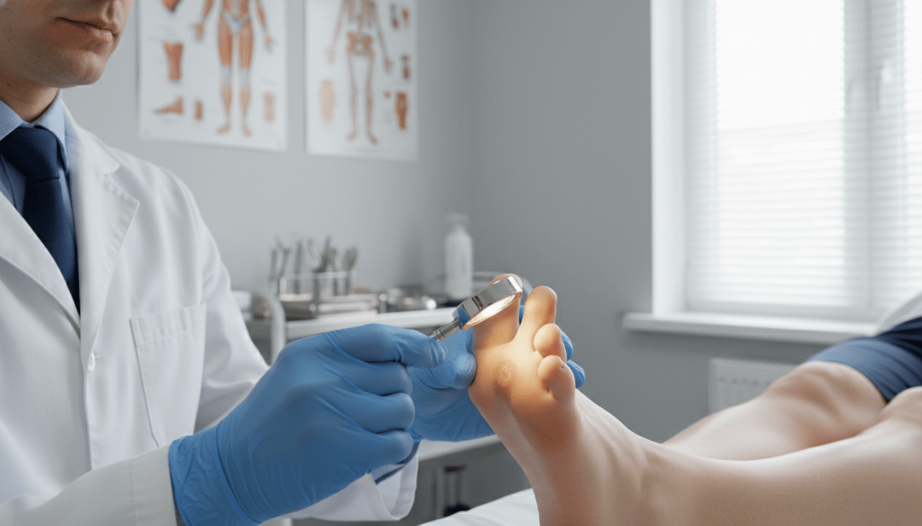 A well-lit medical examination room featuring a podiatrist diagnosing a patient. In the foreground, a close-up of the podiatrist's hands gently examining a foot, focusing on a callus or wart, using a magnifying glass to highlight details. The podiatrist is dressed in a crisp white lab coat, wearing professional attire, and displaying a thoughtful, focused expression. In the middle background, charts illustrating foot conditions hang on the wall, alongside medical tools neatly arranged on a counter. Soft, natural light streams in from a window, creating a calm and professional atmosphere that conveys trust and expertise. The focus is on the diagnostic process, capturing the intricacies of podiatry in a clean, sterile environment.