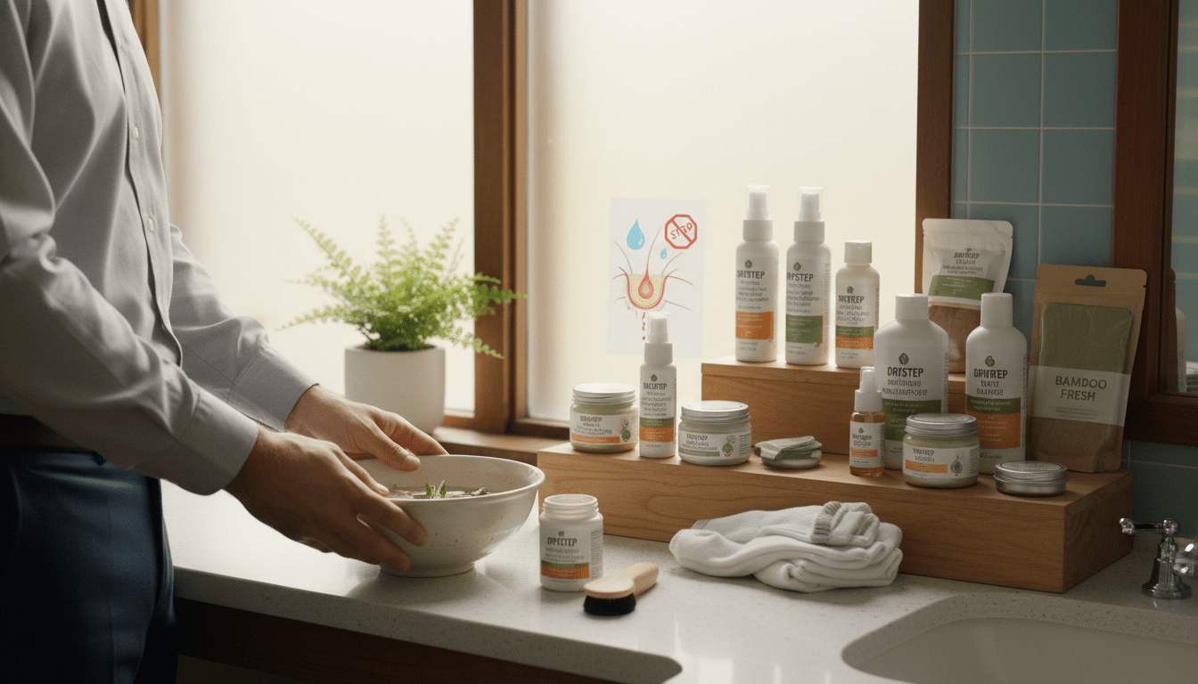 A well-organized and informative scene depicting effective treatments for excessive sweating of the feet. In the foreground, a professional-looking individual dressed in smart casual attire demonstrates various treatment options, such as foot baths and powders on a sleek, modern bathroom countertop. The middle ground features neatly arranged foot care products, like anti-fungal sprays, herbal remedies, and absorbent insoles, highlighting their practical use. In the background, soft natural light filters through a large window, creating a calm and clean atmosphere. The setting conveys a sense of professionalism and comfort, aimed at addressing the issue of foot sweating, with an inviting and hygienic environment. The camera angle is slightly elevated, offering a clear view of the treatments while maintaining a warm and approachable ambiance throughout the image. A well-organized and informative scene depicting effective treatments for excessive sweating of the feet. In the foreground, a professional-looking individual dressed in smart casual attire demonstrates various treatment options, such as foot baths and powders on a sleek, modern bathroom countertop. The middle ground features neatly arranged foot care products, like anti-fungal sprays, herbal remedies, and absorbent insoles, highlighting their practical use. In the background, soft natural light filters through a large window, creating a calm and clean atmosphere. The setting conveys a sense of professionalism and comfort, aimed at addressing the issue of foot sweating, with an inviting and hygienic environment. The camera angle is slightly elevated, offering a clear view of the treatments while maintaining a warm and approachable ambiance throughout the image.