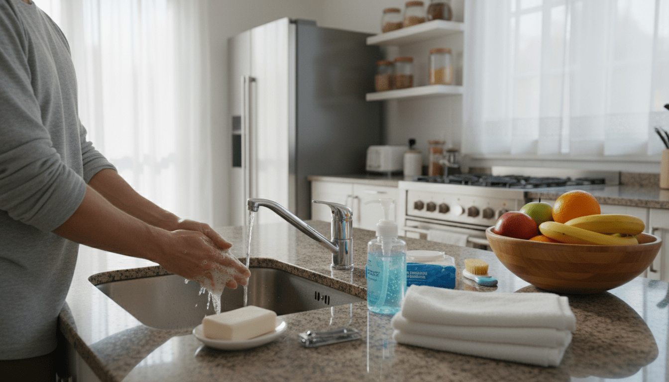 A well-organized kitchen setting illustrating everyday hygiene rules, focusing on handwashing, nail care, and surface cleaning. In the foreground, a person in modest casual clothing is washing their hands thoroughly at a sink, with soap and a towel nearby. The middle layer showcases various hygiene items, such as hand sanitizer, disinfectant wipes, and a nail clipper neatly arranged on a countertop. In the background, a neatly organized kitchen with sparkling clean surfaces and a fruit bowl reflects a fresh and healthy atmosphere. Natural light floods the scene from a window, creating a warm and inviting mood. The image conveys a sense of cleanliness and daily hygiene practices, emphasizing the importance of preventing infections in a family environment. A well-organized kitchen setting illustrating everyday hygiene rules, focusing on handwashing, nail care, and surface cleaning. In the foreground, a person in modest casual clothing is washing their hands thoroughly at a sink, with soap and a towel nearby. The middle layer showcases various hygiene items, such as hand sanitizer, disinfectant wipes, and a nail clipper neatly arranged on a countertop. In the background, a neatly organized kitchen with sparkling clean surfaces and a fruit bowl reflects a fresh and healthy atmosphere. Natural light floods the scene from a window, creating a warm and inviting mood. The image conveys a sense of cleanliness and daily hygiene practices, emphasizing the importance of preventing infections in a family environment.