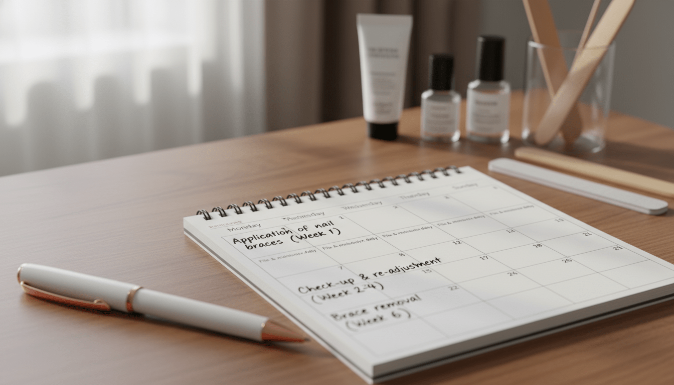 A well-organized nail correction schedule displayed on a wooden desk, with a calendar open to a designated week, featuring neatly written notes on proper nail care and timelines for wearing nail braces. In the foreground, a stylish pen lies next to the calendar. The middle ground shows a soft, natural light illuminating the scene from a nearby window, creating a welcoming atmosphere. In the background, a blurred assortment of nail care products, such as creams and files, adds context without distracting from the main subject. The composition uses a shallow depth of field to bring focus on the schedule, conveying a sense of organization and care in a serene home office setting. A well-organized nail correction schedule displayed on a wooden desk, with a calendar open to a designated week, featuring neatly written notes on proper nail care and timelines for wearing nail braces. In the foreground, a stylish pen lies next to the calendar. The middle ground shows a soft, natural light illuminating the scene from a nearby window, creating a welcoming atmosphere. In the background, a blurred assortment of nail care products, such as creams and files, adds context without distracting from the main subject. The composition uses a shallow depth of field to bring focus on the schedule, conveying a sense of organization and care in a serene home office setting.