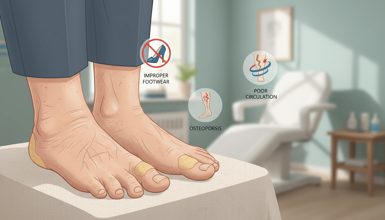 An informative illustration depicting age-related changes in feet and associated risk factors. In the foreground, illustrate a pair of elderly feet, with visible signs of common foot changes such as bunions and calluses, placed gently on a neutral-colored surface. In the middle ground, show a subtle diagram highlighting various risk factors, like improper footwear, poor circulation, and osteoporosis, represented through icons. In the background, create a softly lit environment resembling a professional podiatrist's office, with soothing colors to evoke calmness and health. Use natural lighting to enhance details, simulating a close-up shot, emphasizing clarity and focus on the feet while keeping the overall mood educational and supportive. An informative illustration depicting age-related changes in feet and associated risk factors. In the foreground, illustrate a pair of elderly feet, with visible signs of common foot changes such as bunions and calluses, placed gently on a neutral-colored surface. In the middle ground, show a subtle diagram highlighting various risk factors, like improper footwear, poor circulation, and osteoporosis, represented through icons. In the background, create a softly lit environment resembling a professional podiatrist's office, with soothing colors to evoke calmness and health. Use natural lighting to enhance details, simulating a close-up shot, emphasizing clarity and focus on the feet while keeping the overall mood educational and supportive.