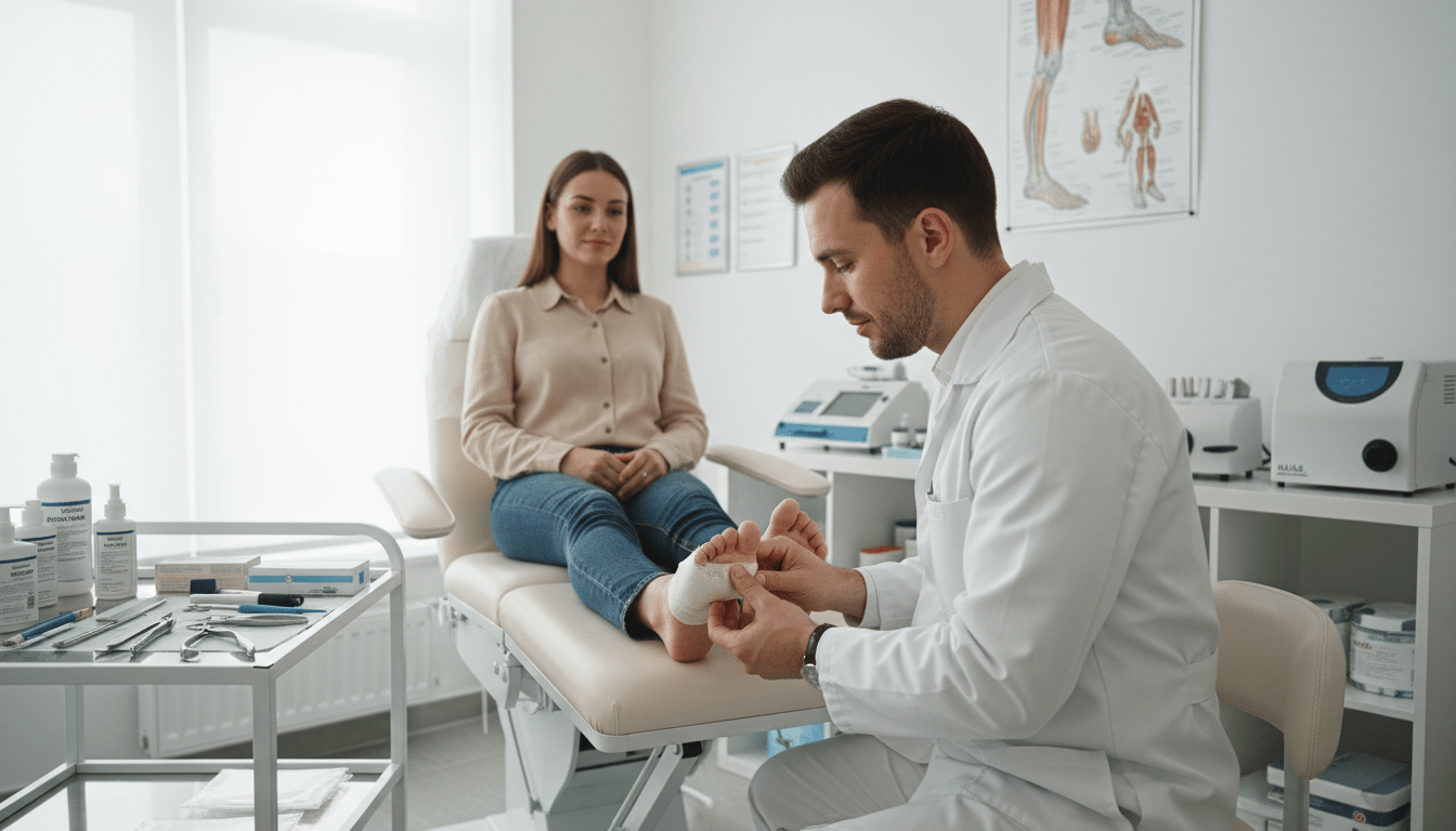 A clinical setting showcasing a professional podiatrist assisting a patient with a toenail injury. In the foreground, a caring doctor in a white coat, calmly examining a patient's foot, which is bandaged, revealing signs of a torn toenail. The doctorâs focused expression radiates expertise and empathy. In the middle, a medical consultation room filled with well-organized tools and equipment, including a foot examination chair and medical charts on the walls. The background features shelves stocked with medical supplies and an anatomical poster of the foot. Soft, natural lighting flows in from a window, creating a calm and reassuring atmosphere, emphasizing the importance of professional help when dealing with nail injuries. The composition should convey professionalism and trust, without any text or distractions. A clinical setting showcasing a professional podiatrist assisting a patient with a toenail injury. In the foreground, a caring doctor in a white coat, calmly examining a patient's foot, which is bandaged, revealing signs of a torn toenail. The doctorâs focused expression radiates expertise and empathy. In the middle, a medical consultation room filled with well-organized tools and equipment, including a foot examination chair and medical charts on the walls. The background features shelves stocked with medical supplies and an anatomical poster of the foot. Soft, natural lighting flows in from a window, creating a calm and reassuring atmosphere, emphasizing the importance of professional help when dealing with nail injuries. The composition should convey professionalism and trust, without any text or distractions.