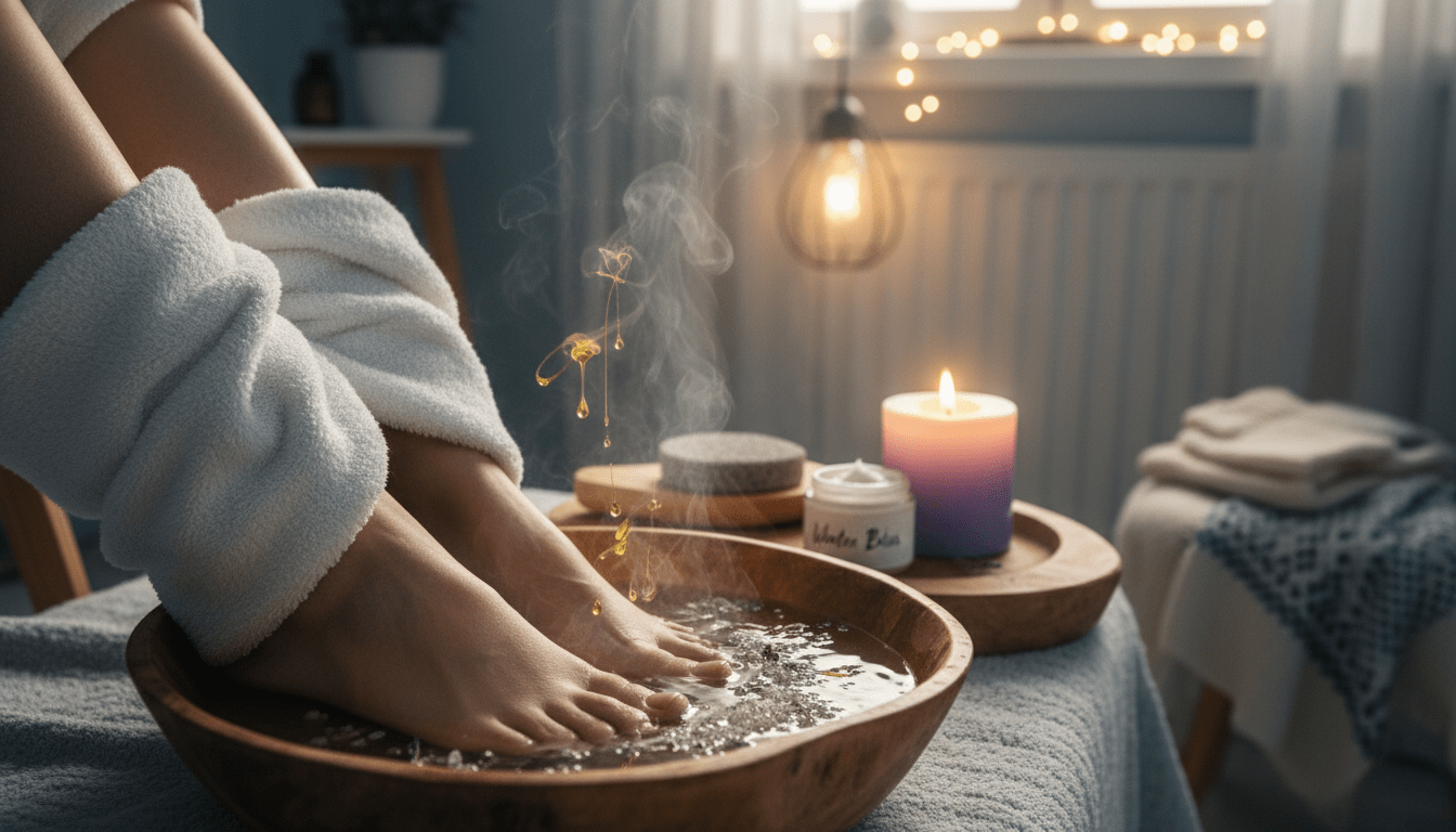 A close-up view of a cozy winter foot care scene. In the foreground, a pair of well-groomed feet, gently soaking in a wooden bowl filled with warm water, surrounded by soothing elements such as essential oils and sea salt. Soft, white towels wrapped around the feet add a touch of comfort. In the middle, a wooden table displays an assortment of foot care tools: a pumice stone, foot cream, and a lavender candle gently illuminating the scene. The background features a softly lit, winter-themed room with gentle hues of blue and white, evoking a sense of tranquility and warmth. The atmosphere is serene and inviting, perfect for relaxation and self-care during the cold winter months, with soft overhead lighting creating a calming ambiance. A close-up view of a cozy winter foot care scene. In the foreground, a pair of well-groomed feet, gently soaking in a wooden bowl filled with warm water, surrounded by soothing elements such as essential oils and sea salt. Soft, white towels wrapped around the feet add a touch of comfort. In the middle, a wooden table displays an assortment of foot care tools: a pumice stone, foot cream, and a lavender candle gently illuminating the scene. The background features a softly lit, winter-themed room with gentle hues of blue and white, evoking a sense of tranquility and warmth. The atmosphere is serene and inviting, perfect for relaxation and self-care during the cold winter months, with soft overhead lighting creating a calming ambiance.