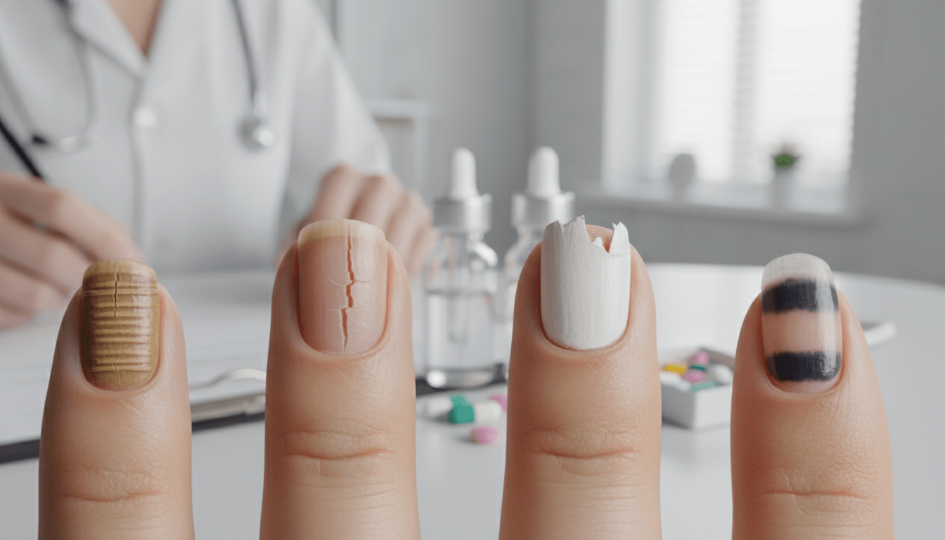 A close-up view of human fingernails affected by various medications, showcasing distinct changes in texture and color. The nails are prominently displayed in the foreground, with some exhibiting discoloration, ridges, and brittleness. In the middle, include small vials of medication and capsules, emphasizing their connection to the observed changes. The background features a softly blurred clinical setting, hinting at a healthcare environment. Use gentle, diffused lighting to create a calm and informative atmosphere, highlighting the details on the nails and medications. The overall mood should be educational and professional, inviting viewers to consider the impact of medications on nail health. A close-up view of human fingernails affected by various medications, showcasing distinct changes in texture and color. The nails are prominently displayed in the foreground, with some exhibiting discoloration, ridges, and brittleness. In the middle, include small vials of medication and capsules, emphasizing their connection to the observed changes. The background features a softly blurred clinical setting, hinting at a healthcare environment. Use gentle, diffused lighting to create a calm and informative atmosphere, highlighting the details on the nails and medications. The overall mood should be educational and professional, inviting viewers to consider the impact of medications on nail health.