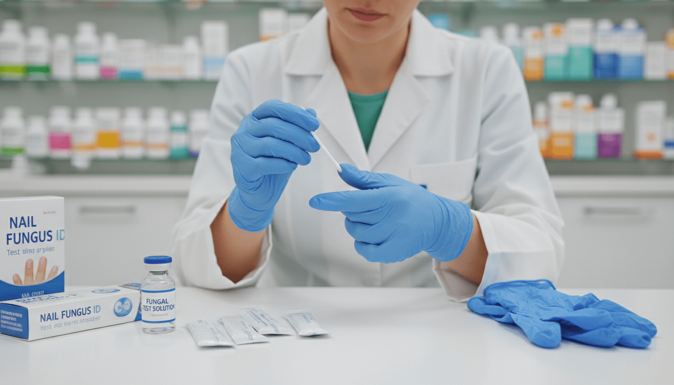 A close-up, well-lit image depicting the application of a nail fungal test kit on a clean, white surface. The foreground features neatly arranged components of the test kit, including a small vial of solution, testing strips, and a pair of gloves. In the middle-ground, highlight an individual in professional, modest attire gently applying the test kit to their fingernail, showcasing attention to detail and concentration. The background should be softly blurred, with hints of a well-organized pharmacy shelf filled with health products. The atmosphere is calm and clinical, with bright, even lighting that emphasizes cleanliness and professionalism, conveying the importance of proper application in a safe and effective manner. A close-up, well-lit image depicting the application of a nail fungal test kit on a clean, white surface. The foreground features neatly arranged components of the test kit, including a small vial of solution, testing strips, and a pair of gloves. In the middle-ground, highlight an individual in professional, modest attire gently applying the test kit to their fingernail, showcasing attention to detail and concentration. The background should be softly blurred, with hints of a well-organized pharmacy shelf filled with health products. The atmosphere is calm and clinical, with bright, even lighting that emphasizes cleanliness and professionalism, conveying the importance of proper application in a safe and effective manner.