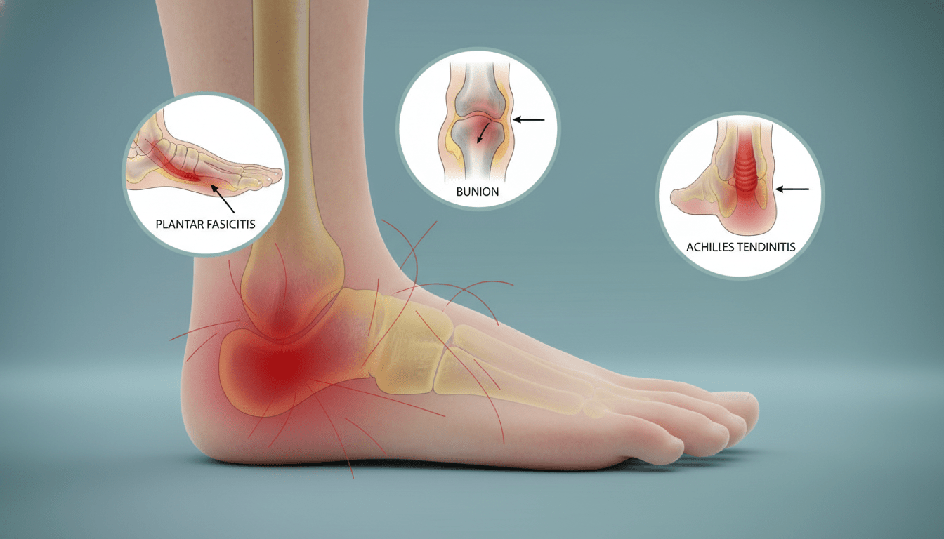 A detailed anatomical illustration of the foot, highlighting common causes and symptoms of acute foot pain. In the foreground, a realistic depiction of a human foot, showing areas of inflammation and discomfort with color-coded indicators (red for pain, yellow for potential issues). The middle layer features labeled diagrams of common conditions such as plantar fasciitis, bunions, and Achilles tendinitis, with arrows pointing to affected areas. In the background, a subtle gradient indicating a clinical environment, with soft, diffused lighting to evoke a sense of professionalism and urgency. The image should maintain a clean and informative look, free of any distracting elements or text. Aim for a balanced composition that draws attention to the foot while providing visual context for understanding foot problems. A detailed anatomical illustration of the foot, highlighting common causes and symptoms of acute foot pain. In the foreground, a realistic depiction of a human foot, showing areas of inflammation and discomfort with color-coded indicators (red for pain, yellow for potential issues). The middle layer features labeled diagrams of common conditions such as plantar fasciitis, bunions, and Achilles tendinitis, with arrows pointing to affected areas. In the background, a subtle gradient indicating a clinical environment, with soft, diffused lighting to evoke a sense of professionalism and urgency. The image should maintain a clean and informative look, free of any distracting elements or text. Aim for a balanced composition that draws attention to the foot while providing visual context for understanding foot problems.