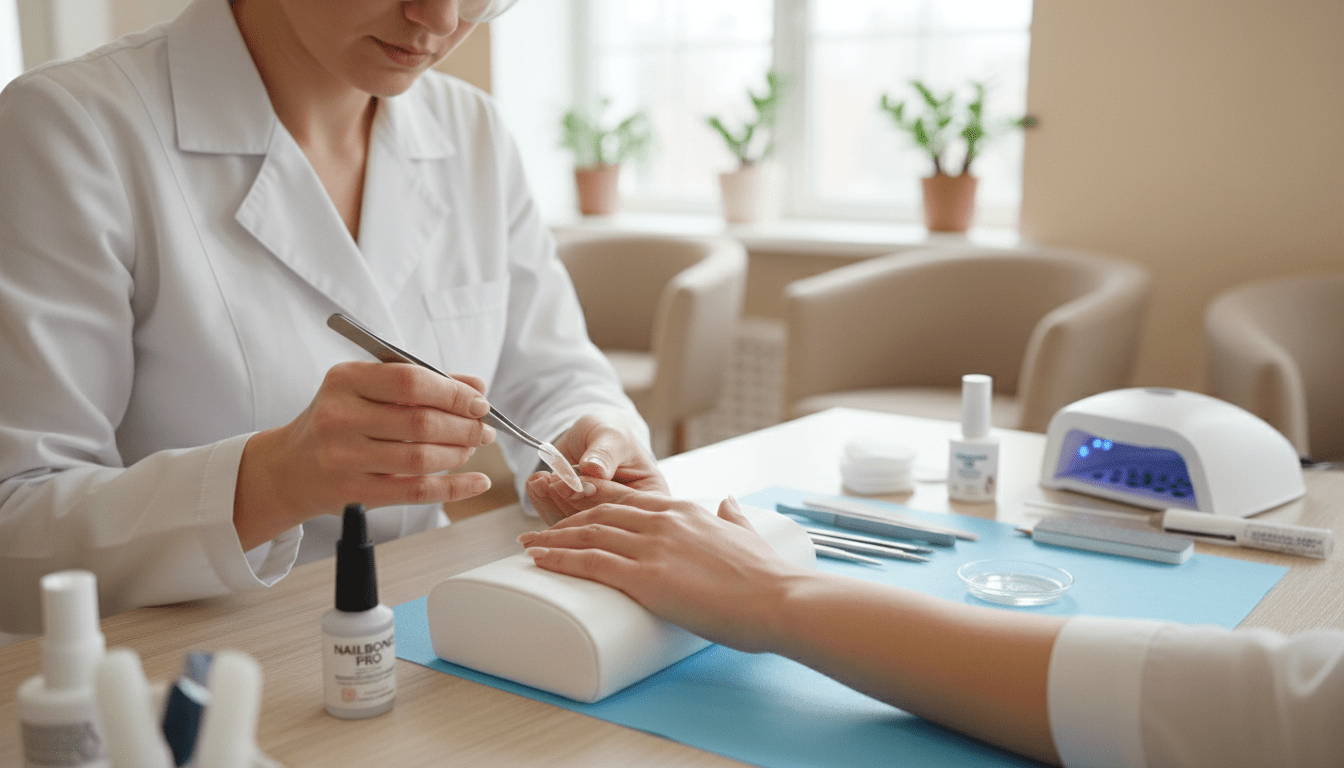 A detailed close-up scene illustrating the step-by-step application of a nail prosthesis. In the foreground, a skilled technician in a white lab coat carefully applies a natural-looking artificial nail to a client's hand, which is positioned on a clean, well-lit workspace. The technician's focused expression demonstrates professionalism and expertise. In the middle, tools and materials needed for the procedure, such as nail glue, files, and polish, are neatly arranged. The background features a softly blurred modern salon environment with ambient lighting, creating a calm atmosphere. A warm color palette and soft focus enhance the image, evoking a sense of care and precision. The entire composition should convey a professional, clean, and inviting mood, suitable for an educational context.