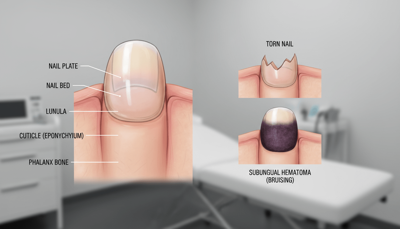 A detailed illustration of the anatomy of a toenail, focusing on the nail bed, with labels pointing out key structures such as the lunula, cuticle, and surrounding skin. The image should show a close-up view of a healthy toenail alongside a diagram depicting common injuries such as a torn nail and bruising beneath the nail bed. The foreground should be sharply focused, highlighting the detailed textures of the nail and skin, while the background should be a softly blurred clinical setting, suggesting a professional healthcare environment. Utilize bright, natural lighting to emphasize clarity and realism. The mood should be informative and educational, suitable for a medical article. A detailed illustration of the anatomy of a toenail, focusing on the nail bed, with labels pointing out key structures such as the lunula, cuticle, and surrounding skin. The image should show a close-up view of a healthy toenail alongside a diagram depicting common injuries such as a torn nail and bruising beneath the nail bed. The foreground should be sharply focused, highlighting the detailed textures of the nail and skin, while the background should be a softly blurred clinical setting, suggesting a professional healthcare environment. Utilize bright, natural lighting to emphasize clarity and realism. The mood should be informative and educational, suitable for a medical article.