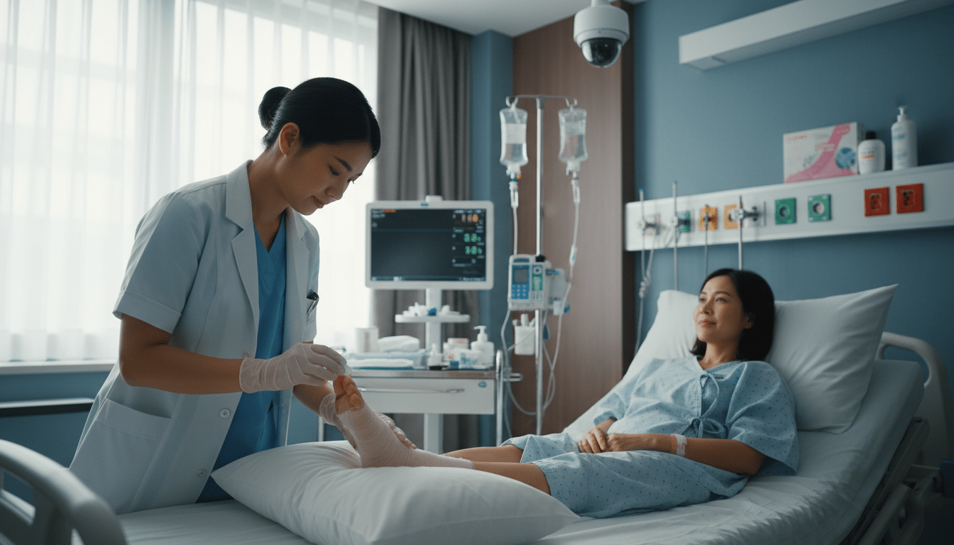 A hospital scene depicting postoperative foot care, focusing on a nurse gently attending to a patient’s feet. The foreground shows the nurse, dressed in professional scrubs, carefully examining and cleaning the patient's foot, which is elevated on a hospital bed. The middle ground features medical equipment and soft lighting, creating a calm atmosphere. In the background, there is a hospital room with safety features, including surveillance monitors and patient care supplies. The lighting is bright but soft, enhancing a sense of reassurance and care. The lens angle captures the tender interaction between the nurse and patient, conveying empathy and professionalism. The overall mood is one of healing, support, and attentive care, suitable for a medical context. A hospital scene depicting postoperative foot care, focusing on a nurse gently attending to a patient’s feet. The foreground shows the nurse, dressed in professional scrubs, carefully examining and cleaning the patient's foot, which is elevated on a hospital bed. The middle ground features medical equipment and soft lighting, creating a calm atmosphere. In the background, there is a hospital room with safety features, including surveillance monitors and patient care supplies. The lighting is bright but soft, enhancing a sense of reassurance and care. The lens angle captures the tender interaction between the nurse and patient, conveying empathy and professionalism. The overall mood is one of healing, support, and attentive care, suitable for a medical context.
