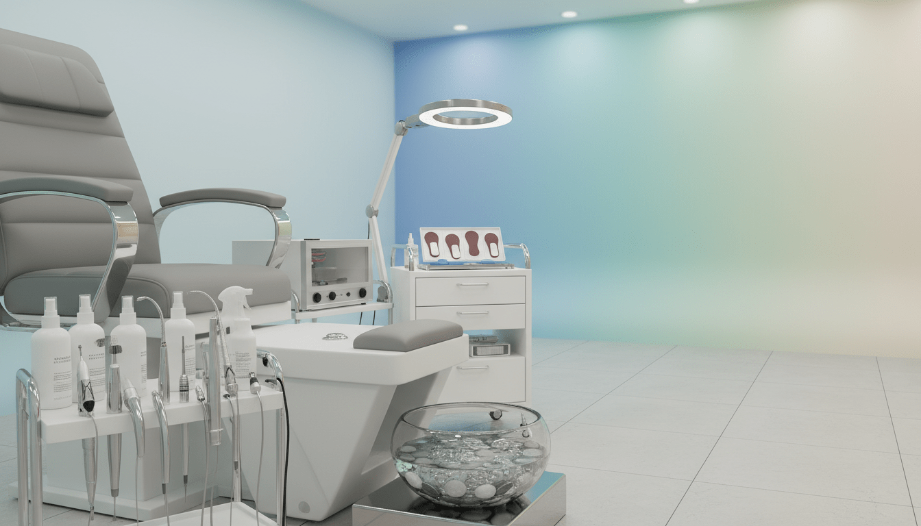 A modern foot treatment room, showcasing advanced instruments and tools for foot care. In the foreground, a sleek pedicure chair with adjustable features, and neatly arranged professional foot care instruments like electric files, scalpels, and disinfectant bottles. In the middle ground, a well-organized treatment station with a lighted magnifying lamp and a sterile environment, emphasizing cleanliness. The background features soothing pastel colors and soft lighting, creating a calm and professional atmosphere. Use a shallow depth of field to focus on the instruments while softly blurring the background. The overall mood is clinical yet inviting, ideal for a health-oriented setting. The image should be devoid of people or any text overlays. A modern foot treatment room, showcasing advanced instruments and tools for foot care. In the foreground, a sleek pedicure chair with adjustable features, and neatly arranged professional foot care instruments like electric files, scalpels, and disinfectant bottles. In the middle ground, a well-organized treatment station with a lighted magnifying lamp and a sterile environment, emphasizing cleanliness. The background features soothing pastel colors and soft lighting, creating a calm and professional atmosphere. Use a shallow depth of field to focus on the instruments while softly blurring the background. The overall mood is clinical yet inviting, ideal for a health-oriented setting. The image should be devoid of people or any text overlays.