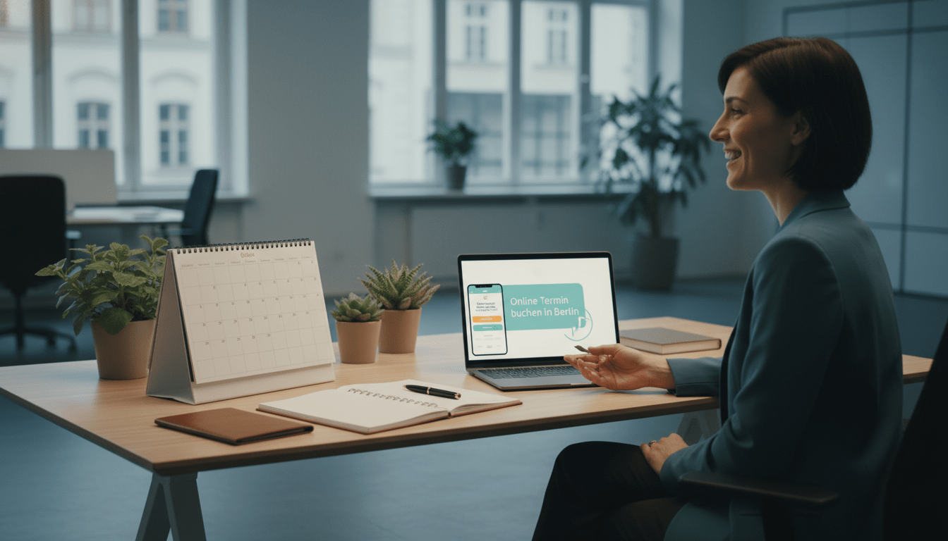 A modern office setting designed for scheduling appointments, focusing on the theme of "Terminvereinbarung Kontakt." In the foreground, a professional-looking woman in business attire is engaged in conversation while using a laptop, smiling, indicating a friendly and approachable atmosphere. In the middle ground, a well-organized desk with a desktop calendar, a notepad, and a smartphone displaying a booking app, showcasing the convenience of online scheduling. The background features a spacious office with soft lighting, large windows allowing natural light to flood the space, and plants that add warmth. The overall mood is inviting and professional, conveying the ease and accessibility of booking appointments online in Berlin. The composition should be clear and harmonious, creating an inviting ambiance. A modern office setting designed for scheduling appointments, focusing on the theme of "Terminvereinbarung Kontakt." In the foreground, a professional-looking woman in business attire is engaged in conversation while using a laptop, smiling, indicating a friendly and approachable atmosphere. In the middle ground, a well-organized desk with a desktop calendar, a notepad, and a smartphone displaying a booking app, showcasing the convenience of online scheduling. The background features a spacious office with soft lighting, large windows allowing natural light to flood the space, and plants that add warmth. The overall mood is inviting and professional, conveying the ease and accessibility of booking appointments online in Berlin. The composition should be clear and harmonious, creating an inviting ambiance.