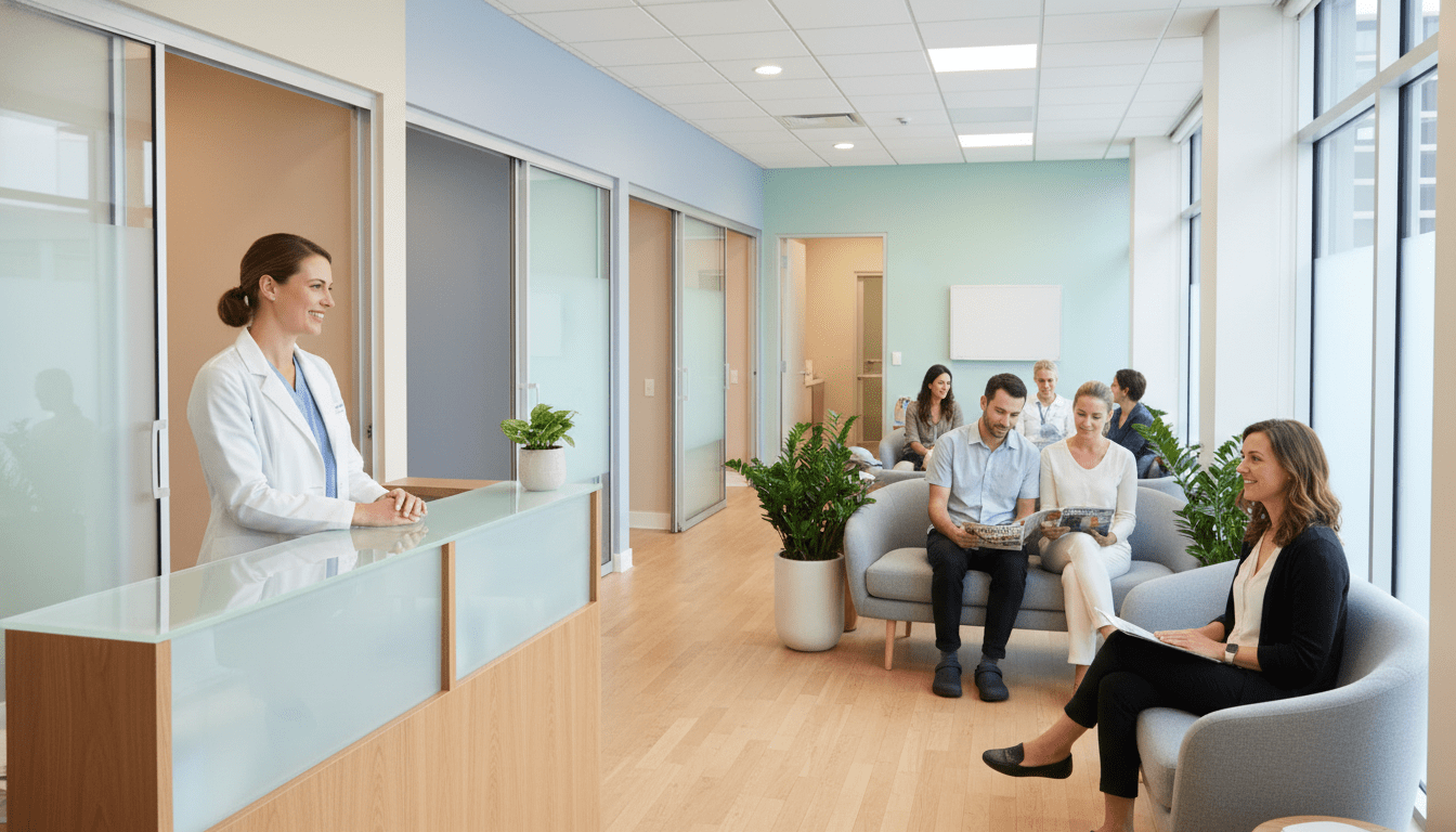A modern podiatry practice interior showcasing a welcoming and professional atmosphere. In the foreground, a reception desk with a friendly podiatrist wearing professional attire, smiling at a new patient. The middle ground features comfortable seating areas with patients reading wellness magazines and relaxing. The background shows well-organized treatment rooms with clean lines, soft lighting from recessed ceiling lights, and calming colors. The scene is bright and inviting, with large windows allowing natural light to flood in, enhancing the sense of warmth. The overall mood is serene, emphasizing cleanliness and professionalism, ideal for a first visit to a podiatrist. A modern podiatry practice interior showcasing a welcoming and professional atmosphere. In the foreground, a reception desk with a friendly podiatrist wearing professional attire, smiling at a new patient. The middle ground features comfortable seating areas with patients reading wellness magazines and relaxing. The background shows well-organized treatment rooms with clean lines, soft lighting from recessed ceiling lights, and calming colors. The scene is bright and inviting, with large windows allowing natural light to flood in, enhancing the sense of warmth. The overall mood is serene, emphasizing cleanliness and professionalism, ideal for a first visit to a podiatrist.