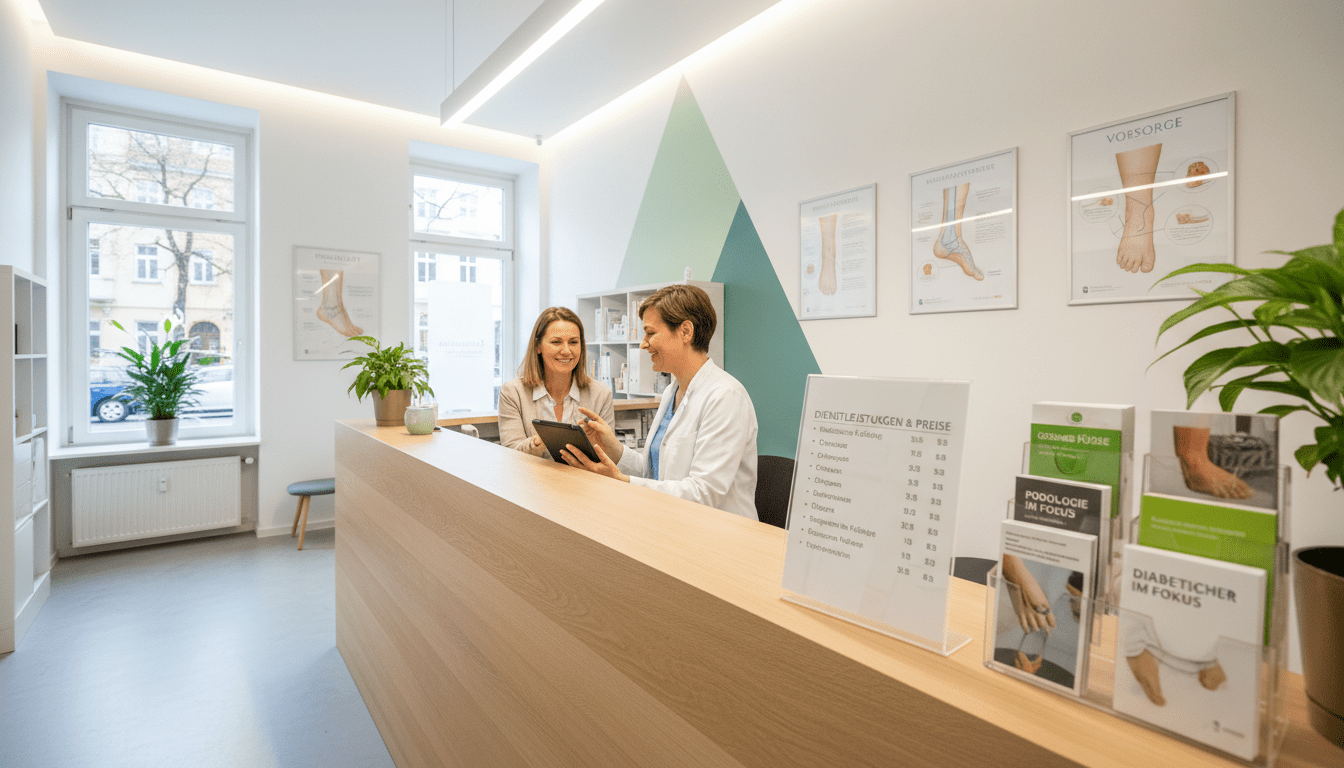 A professional and modern podiatry clinic interior in Berlin Steglitz, featuring a well-organized service directory on a sleek reception desk. In the foreground, a friendly podiatrist in professional attire consults with a patient, showcasing a warm interaction. In the middle, various informative brochures and posters about foot health and services offered by podologists are visibly displayed. The background includes bright, welcoming decor, with soft lighting illuminating the space, creating a calming atmosphere. The composition is shot from a slightly elevated angle, emphasizing a tidy, focused environment where patients feel comfortable and informed. Capture a sense of professionalism, care, and community. A professional and modern podiatry clinic interior in Berlin Steglitz, featuring a well-organized service directory on a sleek reception desk. In the foreground, a friendly podiatrist in professional attire consults with a patient, showcasing a warm interaction. In the middle, various informative brochures and posters about foot health and services offered by podologists are visibly displayed. The background includes bright, welcoming decor, with soft lighting illuminating the space, creating a calming atmosphere. The composition is shot from a slightly elevated angle, emphasizing a tidy, focused environment where patients feel comfortable and informed. Capture a sense of professionalism, care, and community.