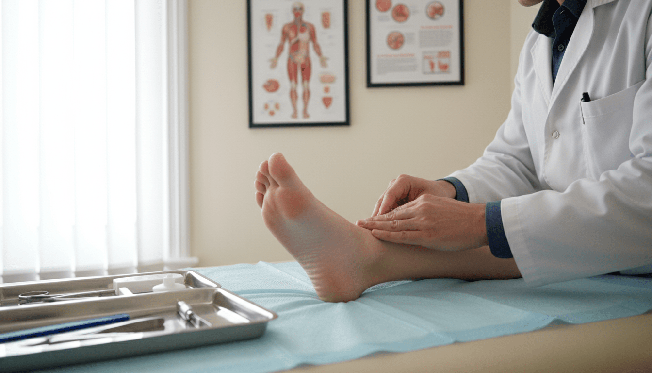 A professional healthcare setting depicting a close-up view of a diabetic patient's foot being examined. In the foreground, a healthcare professional in a white lab coat gently inspects the foot, highlighting good foot care practices. The middle ground features a medical examination table with tools for foot care. Soft, natural lighting fills the room, creating a calm and reassuring atmosphere. In the background, medical posters illustrating diabetes and circulation issues are subtly affixed to the walls, enhancing the educational aspect. The angle of the shot focuses on the interaction between the patient and the professional, emphasizing the importance of careful foot monitoring for at-risk individuals. The overall mood is one of care, attention, and professionalism, promoting awareness of special precautions necessary for patients on blood thinners. A professional healthcare setting depicting a close-up view of a diabetic patient's foot being examined. In the foreground, a healthcare professional in a white lab coat gently inspects the foot, highlighting good foot care practices. The middle ground features a medical examination table with tools for foot care. Soft, natural lighting fills the room, creating a calm and reassuring atmosphere. In the background, medical posters illustrating diabetes and circulation issues are subtly affixed to the walls, enhancing the educational aspect. The angle of the shot focuses on the interaction between the patient and the professional, emphasizing the importance of careful foot monitoring for at-risk individuals. The overall mood is one of care, attention, and professionalism, promoting awareness of special precautions necessary for patients on blood thinners.