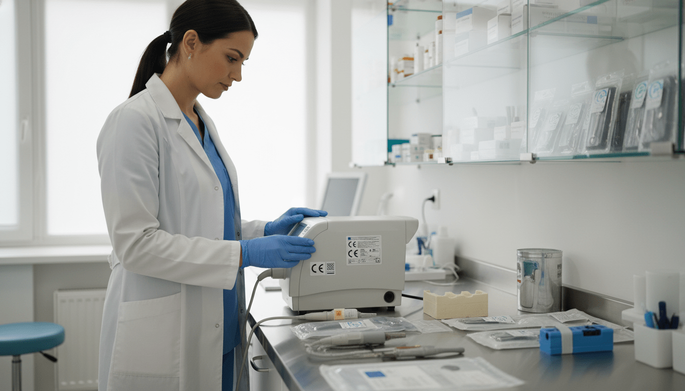A professional podiatrist in a clean and modern clinic, examining CE-certified medical devices for podiatry on a bright, well-lit countertop. The podiatrist, wearing a white lab coat and medical gloves, focuses intently on a high-quality foot podiatry device, displaying CE certification labels prominently. In the background, shelves lined with various certified medical products and sterile equipment reflect a commitment to hygiene and safety standards. Soft natural light filters through large windows, creating a calm and sterile atmosphere. A close-up angle captures the intricate details of the devices, emphasizing their importance in patient care. The overall mood should convey professionalism, trust, and the assurance of safety in podiatric health care. A professional podiatrist in a clean and modern clinic, examining CE-certified medical devices for podiatry on a bright, well-lit countertop. The podiatrist, wearing a white lab coat and medical gloves, focuses intently on a high-quality foot podiatry device, displaying CE certification labels prominently. In the background, shelves lined with various certified medical products and sterile equipment reflect a commitment to hygiene and safety standards. Soft natural light filters through large windows, creating a calm and sterile atmosphere. A close-up angle captures the intricate details of the devices, emphasizing their importance in patient care. The overall mood should convey professionalism, trust, and the assurance of safety in podiatric health care.