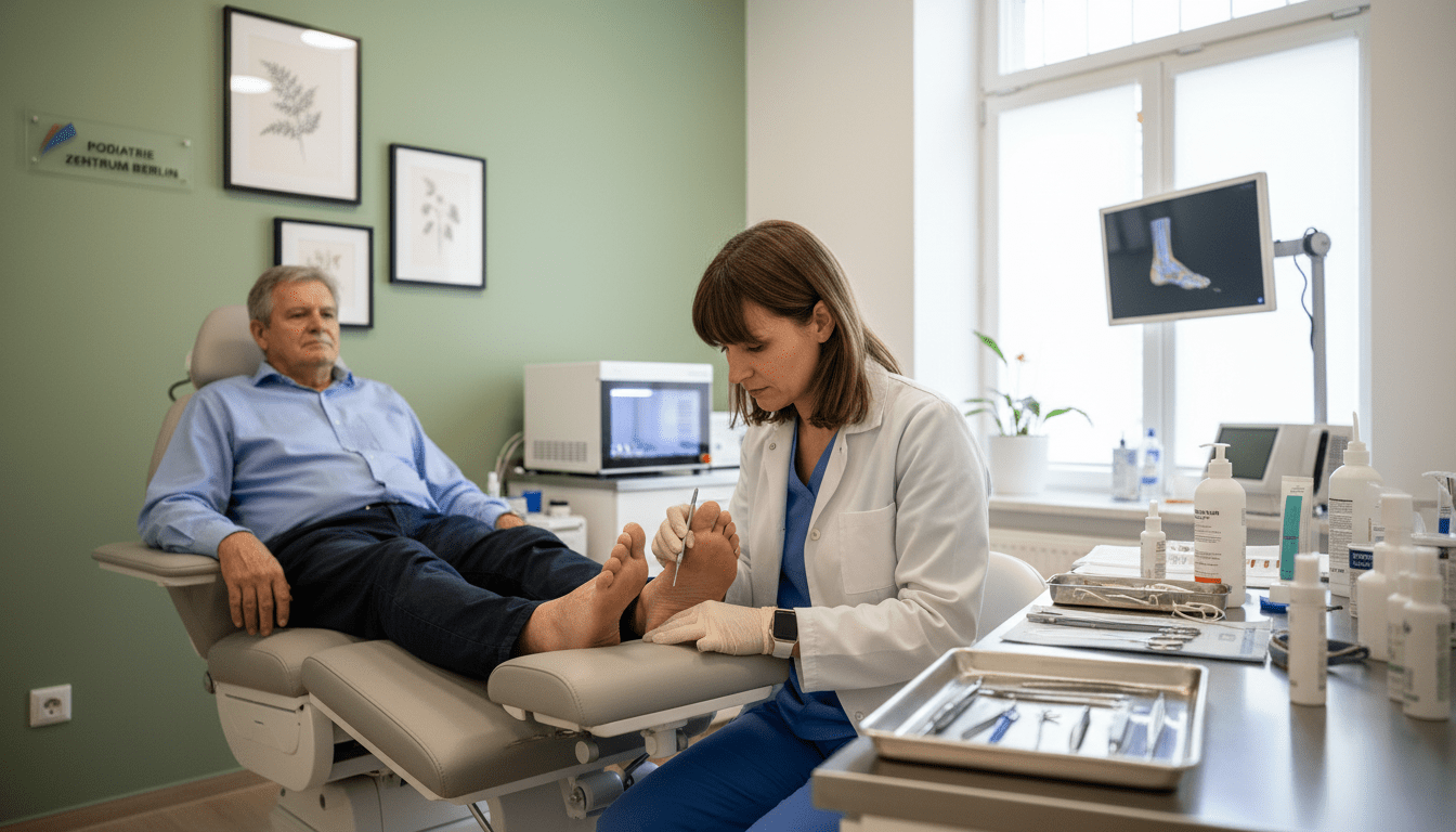 A professional podiatrist in a modern clinic, focused on providing high-quality medical foot care. In the foreground, the podiatrist, wearing a white lab coat and gloves, is carefully examining a patient's foot using specialized tools. The patient is seated comfortably in a treatment chair, dressed in modest clothing. In the middle ground, a well-organized array of medical equipment and foot care products can be seen on a sterile countertop. The background features soothing decor, with soft lighting that creates a calm and welcoming atmosphere, emphasizing cleanliness and professionalism. The image captures a moment of attentive care and expertise, reflecting the essence of medical foot care in Berlin. A professional podiatrist in a modern clinic, focused on providing high-quality medical foot care. In the foreground, the podiatrist, wearing a white lab coat and gloves, is carefully examining a patient's foot using specialized tools. The patient is seated comfortably in a treatment chair, dressed in modest clothing. In the middle ground, a well-organized array of medical equipment and foot care products can be seen on a sterile countertop. The background features soothing decor, with soft lighting that creates a calm and welcoming atmosphere, emphasizing cleanliness and professionalism. The image captures a moment of attentive care and expertise, reflecting the essence of medical foot care in Berlin.