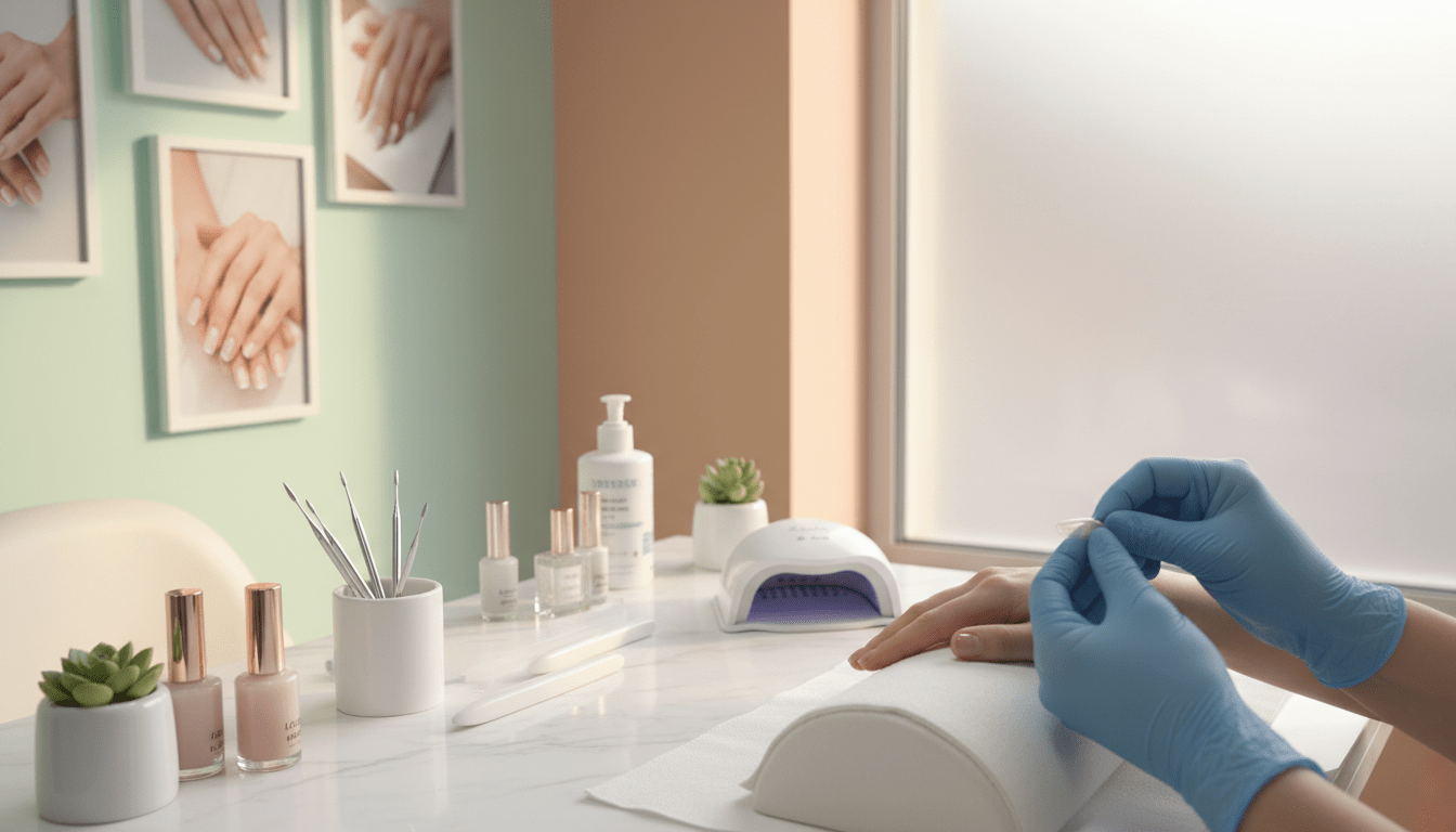 A serene and elegant nail clinic setting showcasing the aesthetic and therapeutic benefits of nail prosthetics. In the foreground, display a close-up of a professional nail technician’s hands meticulously applying a nail prosthetic to a client's hand, emphasizing the smooth, natural look of the artificial nails. In the middle, include a neatly organized workspace with tools and products reflecting hygiene and professionalism, such as nail files, gel bottles, and a small lamp for curing. The background should feature soft, warm lighting with calming colors, such as pastel tones, and framed images of beautiful hands with various nail designs to evoke a sense of beauty and care. Capture the mood of tranquility and expertise, highlighting the importance of nail aesthetics and health. A serene and elegant nail clinic setting showcasing the aesthetic and therapeutic benefits of nail prosthetics. In the foreground, display a close-up of a professional nail technician’s hands meticulously applying a nail prosthetic to a client's hand, emphasizing the smooth, natural look of the artificial nails. In the middle, include a neatly organized workspace with tools and products reflecting hygiene and professionalism, such as nail files, gel bottles, and a small lamp for curing. The background should feature soft, warm lighting with calming colors, such as pastel tones, and framed images of beautiful hands with various nail designs to evoke a sense of beauty and care. Capture the mood of tranquility and expertise, highlighting the importance of nail aesthetics and health.