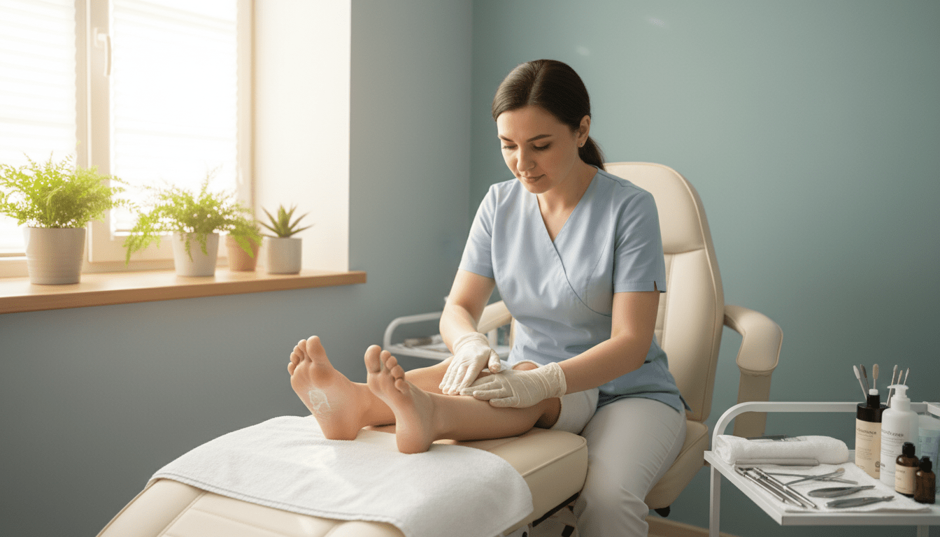 A serene and well-lit foot care clinic setting, featuring a comfortable treatment chair and neatly arranged foot care tools. In the foreground, a pair of clean, healthy feet rests on a soft towel, showcasing well-manicured toenails and a soothing foot cream. In the middle ground, a professional pedicurist in modest, neat attire focuses on applying a moisturizing treatment, emphasizing the importance of preventive foot care. The background reveals calming colors, possibly soft blues and greens, with potted plants adding a touch of nature, conveying a sense of tranquility and well-being. Soft, natural lighting filters through the windows, creating a warm and inviting atmosphere that encourages relaxation and self-care. A serene and well-lit foot care clinic setting, featuring a comfortable treatment chair and neatly arranged foot care tools. In the foreground, a pair of clean, healthy feet rests on a soft towel, showcasing well-manicured toenails and a soothing foot cream. In the middle ground, a professional pedicurist in modest, neat attire focuses on applying a moisturizing treatment, emphasizing the importance of preventive foot care. The background reveals calming colors, possibly soft blues and greens, with potted plants adding a touch of nature, conveying a sense of tranquility and well-being. Soft, natural lighting filters through the windows, creating a warm and inviting atmosphere that encourages relaxation and self-care.