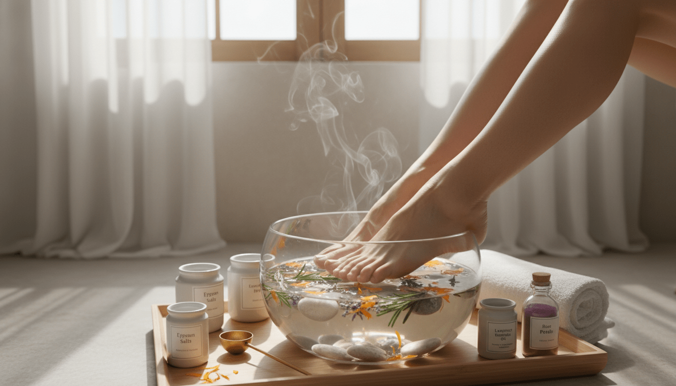 A serene bathroom scene featuring a beautifully arranged foot bath. In the foreground, a clear glass bowl filled with herbal foot bath solution, showing fresh herbs and small decorative stones. Delicate steam rises, indicating warmth. In the middle, a pair of well-groomed feet gently soaking, the toes perfectly aligned. Surrounding the bowl, small labeled containers of various additives such as Epsom salt, essential oils, and flower petals, with a measuring spoon ready for use. The background includes soft natural lighting filtering through a window, casting gentle shadows. The overall ambiance is calm and inviting, enhancing the soothing experience of a perfect foot bath. The composition captures the essence of relaxation and wellness, perfect for illustrating foot bath dosage and application. A serene bathroom scene featuring a beautifully arranged foot bath. In the foreground, a clear glass bowl filled with herbal foot bath solution, showing fresh herbs and small decorative stones. Delicate steam rises, indicating warmth. In the middle, a pair of well-groomed feet gently soaking, the toes perfectly aligned. Surrounding the bowl, small labeled containers of various additives such as Epsom salt, essential oils, and flower petals, with a measuring spoon ready for use. The background includes soft natural lighting filtering through a window, casting gentle shadows. The overall ambiance is calm and inviting, enhancing the soothing experience of a perfect foot bath. The composition captures the essence of relaxation and wellness, perfect for illustrating foot bath dosage and application.