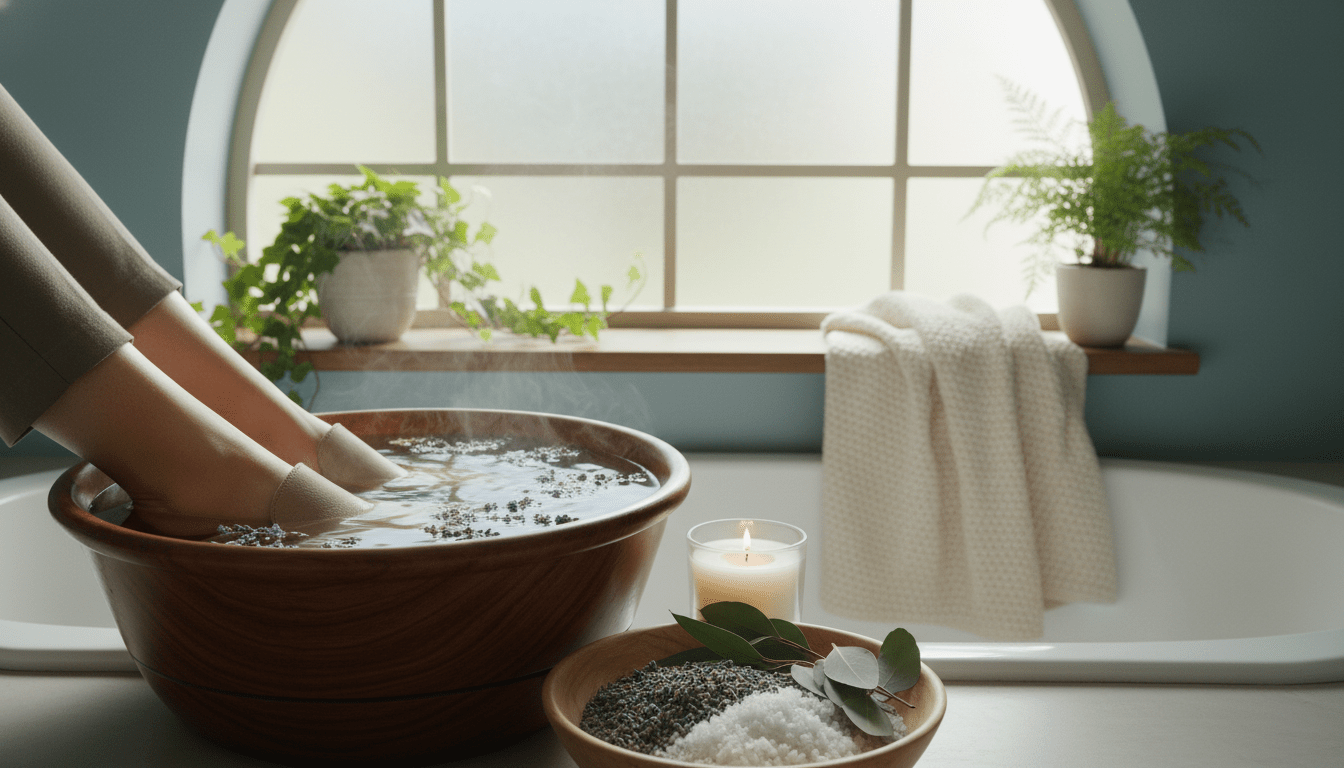 A serene bathroom setting featuring a foot bath filled with warm, herbal-infused water. In the foreground, a beautifully crafted wooden bowl holds various natural additives like lavender, eucalyptus leaves, and sea salt, arranged artfully alongside a calming candle. A pair of feet, shown in modest, professional footwear, gently soak in the foot bath, conveying relaxation. The middle layer includes a soft, fluffy towel draped gracefully over the edge of the bathtub, creating a cozy atmosphere. In the background, subtle greenery and a window allow soft, diffused daylight to filter in, enhancing the tranquility of the scene. The overall mood is peaceful and therapeutic, inviting viewers to visualize the benefits of this specific foot bath. A serene bathroom setting featuring a foot bath filled with warm, herbal-infused water. In the foreground, a beautifully crafted wooden bowl holds various natural additives like lavender, eucalyptus leaves, and sea salt, arranged artfully alongside a calming candle. A pair of feet, shown in modest, professional footwear, gently soak in the foot bath, conveying relaxation. The middle layer includes a soft, fluffy towel draped gracefully over the edge of the bathtub, creating a cozy atmosphere. In the background, subtle greenery and a window allow soft, diffused daylight to filter in, enhancing the tranquility of the scene. The overall mood is peaceful and therapeutic, inviting viewers to visualize the benefits of this specific foot bath.