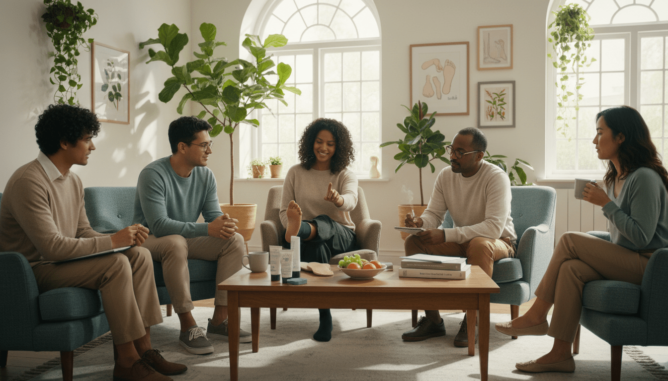 A serene indoor scene depicting foot health prevention tips in everyday life. In the foreground, a diverse group of professionals, all dressed in modest casual clothing, are engaging in a lively discussion while seated on comfortable chairs. One individual is demonstrating foot exercises, while others are attentively listening and taking notes. In the middle ground, a small coffee table displays foot care products like moisturizers, insoles, and books on foot health. The background features a well-lit, inviting space with plants and calming artwork depicting foot-related wellness. The overall atmosphere is warm and informative, encouraging healthy habits with natural light streaming through large windows. The image should evoke a sense of community and well-being focused on foot health. A serene indoor scene depicting foot health prevention tips in everyday life. In the foreground, a diverse group of professionals, all dressed in modest casual clothing, are engaging in a lively discussion while seated on comfortable chairs. One individual is demonstrating foot exercises, while others are attentively listening and taking notes. In the middle ground, a small coffee table displays foot care products like moisturizers, insoles, and books on foot health. The background features a well-lit, inviting space with plants and calming artwork depicting foot-related wellness. The overall atmosphere is warm and informative, encouraging healthy habits with natural light streaming through large windows. The image should evoke a sense of community and well-being focused on foot health.