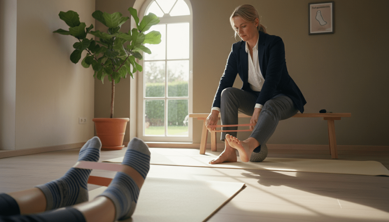 A serene indoor setting focusing on foot exercises for health. In the foreground, a pair of feet, clad in comfortable athletic socks, demonstrate a foot stretching exercise on a soft yoga mat. In the middle, a person in professional business attire practices effective Fußgymnastik exercises, such as toe curls and ankle rotations, with a focused expression. The background features soft natural light filtering through a large window, illuminating a potted plant and a tranquil ambiance. The scene conveys a sense of health and vitality, emphasizing the importance of foot care. The overall atmosphere is calm and encouraging, inspiring viewers to engage in their own foot health routines. A serene indoor setting focusing on foot exercises for health. In the foreground, a pair of feet, clad in comfortable athletic socks, demonstrate a foot stretching exercise on a soft yoga mat. In the middle, a person in professional business attire practices effective Fußgymnastik exercises, such as toe curls and ankle rotations, with a focused expression. The background features soft natural light filtering through a large window, illuminating a potted plant and a tranquil ambiance. The scene conveys a sense of health and vitality, emphasizing the importance of foot care. The overall atmosphere is calm and encouraging, inspiring viewers to engage in their own foot health routines.