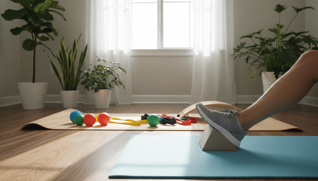 A serene indoor setting showcasing foot exercises and their benefits. In the foreground, a pair of feet in comfortable, modest athletic shoes positioned on a soft mat, demonstrating a stretching or strengthening exercise. In the middle ground, a well-lit area with a yoga mat, various foot exercise equipment like small balls and resistance bands arranged neatly. Soft, natural light filters through a large window, creating a warm and inviting atmosphere, with gentle shadows enhancing the textures. The background features green plants, promoting a sense of tranquility and focus. The overall mood is calm and encouraging, ideal for at-home fitness and wellness. The composition is captured from a slightly elevated angle, providing a clear view of the foot positioning while ensuring a professional, clean aesthetic. A serene indoor setting showcasing foot exercises and their benefits. In the foreground, a pair of feet in comfortable, modest athletic shoes positioned on a soft mat, demonstrating a stretching or strengthening exercise. In the middle ground, a well-lit area with a yoga mat, various foot exercise equipment like small balls and resistance bands arranged neatly. Soft, natural light filters through a large window, creating a warm and inviting atmosphere, with gentle shadows enhancing the textures. The background features green plants, promoting a sense of tranquility and focus. The overall mood is calm and encouraging, ideal for at-home fitness and wellness. The composition is captured from a slightly elevated angle, providing a clear view of the foot positioning while ensuring a professional, clean aesthetic.