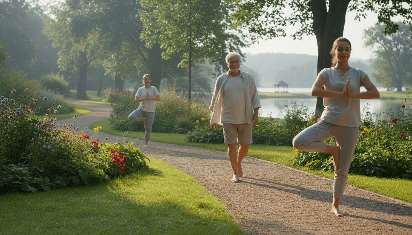 A serene scene depicting a diverse group of people engaging in barefoot exercises in a vibrant outdoor setting. In the foreground, a young woman practices yoga on a grassy lawn, her bare feet grounded on the earth, radiating tranquility. In the middle ground, an older man walks along a sunlit path, feeling the texture of the ground beneath him, showcasing enjoyment in his modest casual attire. Surrounding them, lush greenery and blooming flowers create a serene atmosphere, while a soft morning light filters through the trees, casting gentle shadows. The background features a tranquil park landscape, enhancing the sense of connection with nature. The overall mood is one of freedom, peace, and mindfulness in everyday life, encouraging viewers to embrace the joy of barefoot living. A serene scene depicting a diverse group of people engaging in barefoot exercises in a vibrant outdoor setting. In the foreground, a young woman practices yoga on a grassy lawn, her bare feet grounded on the earth, radiating tranquility. In the middle ground, an older man walks along a sunlit path, feeling the texture of the ground beneath him, showcasing enjoyment in his modest casual attire. Surrounding them, lush greenery and blooming flowers create a serene atmosphere, while a soft morning light filters through the trees, casting gentle shadows. The background features a tranquil park landscape, enhancing the sense of connection with nature. The overall mood is one of freedom, peace, and mindfulness in everyday life, encouraging viewers to embrace the joy of barefoot living.
