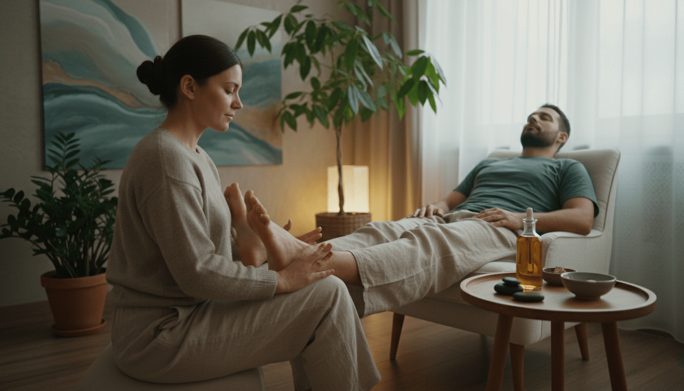 A serene scene depicting a professional in modest, casual clothing performing a foot reflexology massage on a relaxed client in a calm, softly-lit room. The foreground shows the client sitting comfortably in a plush chair with their foot resting on the therapist's knee. The therapist, focused and attentive, uses their hands to apply gentle pressure on various reflex points. In the middle, a small table holds essential oils and a few tools related to the practice. The background features soothing elements like plants and tranquil artwork, creating a peaceful atmosphere. The lighting is warm and inviting, casting soft shadows that enhance the calming mood of the scene. The composition is shot from a slight angle, drawing the viewer into the intimate, therapeutic experience. A serene scene depicting a professional in modest, casual clothing performing a foot reflexology massage on a relaxed client in a calm, softly-lit room. The foreground shows the client sitting comfortably in a plush chair with their foot resting on the therapist's knee. The therapist, focused and attentive, uses their hands to apply gentle pressure on various reflex points. In the middle, a small table holds essential oils and a few tools related to the practice. The background features soothing elements like plants and tranquil artwork, creating a peaceful atmosphere. The lighting is warm and inviting, casting soft shadows that enhance the calming mood of the scene. The composition is shot from a slight angle, drawing the viewer into the intimate, therapeutic experience.