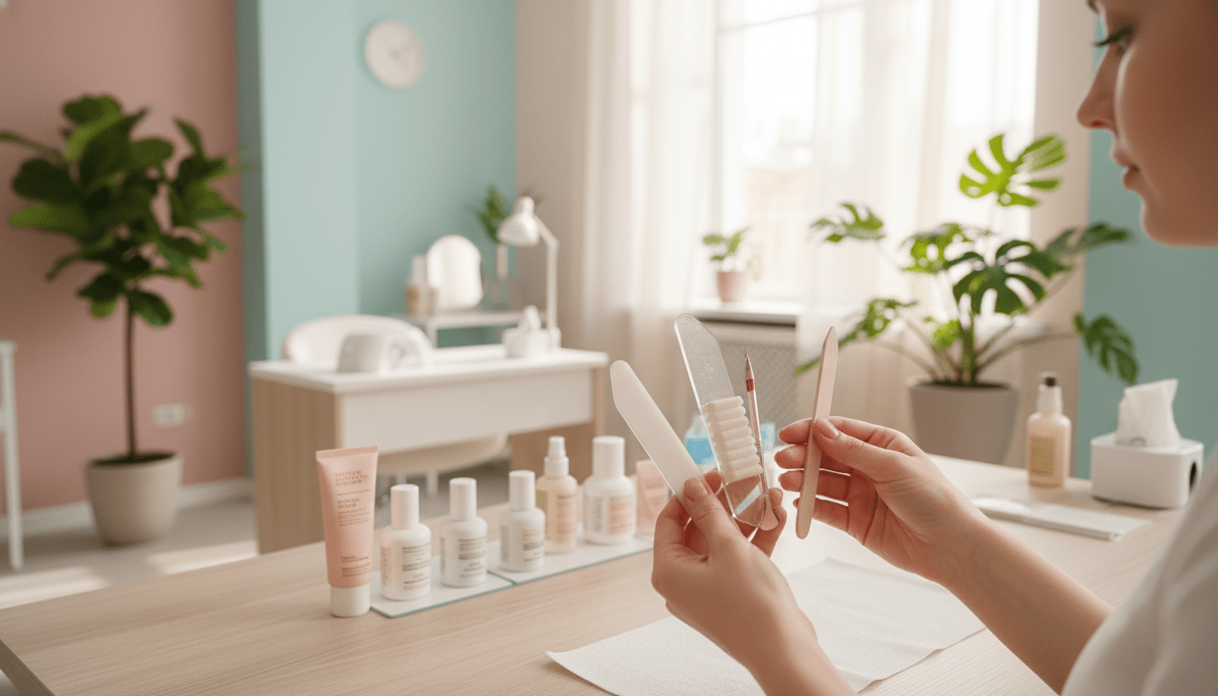 A serene, well-lit salon interior focused on nail care during chemotherapy treatment. In the foreground, a pair of hands gently holds a set of nail care tools, showcasing a nail file, buffer, and cuticle pusher, with a soft focus effect. The middle ground features a pristine nail care station with a variety of gentle, nurturing nail products arranged neatly. In the background, a comforting, inviting atmosphere is created with soft pastel colors and lush green plants, reflecting a sense of calm and safety. Bright, warm lighting enhances the ambiance, while a shallow depth of field draws attention to the hands and tools, conveying a message of self-care and empowerment during a difficult time. A serene, well-lit salon interior focused on nail care during chemotherapy treatment. In the foreground, a pair of hands gently holds a set of nail care tools, showcasing a nail file, buffer, and cuticle pusher, with a soft focus effect. The middle ground features a pristine nail care station with a variety of gentle, nurturing nail products arranged neatly. In the background, a comforting, inviting atmosphere is created with soft pastel colors and lush green plants, reflecting a sense of calm and safety. Bright, warm lighting enhances the ambiance, while a shallow depth of field draws attention to the hands and tools, conveying a message of self-care and empowerment during a difficult time.