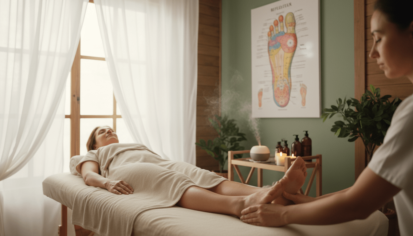 A serene wellness setting featuring a cozy massage room filled with soft, natural light filtering through sheer curtains. In the foreground, a pair of hands gently performing foot reflexology on a client's feet, showcasing detailed foot anatomy illustrations in the background. The client, a middle-aged woman dressed in modest, comfortable attire, appears relaxed and at ease. The massage table is adorned with plush, neutral-colored linens, while calming elements like essential oils and candles are visible on a nearby table. The atmosphere is tranquil and inviting, emphasizing the therapeutic benefits of foot reflexology with a soothing color palette of greens and earth tones. The image captures a balance between professionalism and relaxation, highlighting the health benefits and positive experiences associated with foot massages. A serene wellness setting featuring a cozy massage room filled with soft, natural light filtering through sheer curtains. In the foreground, a pair of hands gently performing foot reflexology on a client's feet, showcasing detailed foot anatomy illustrations in the background. The client, a middle-aged woman dressed in modest, comfortable attire, appears relaxed and at ease. The massage table is adorned with plush, neutral-colored linens, while calming elements like essential oils and candles are visible on a nearby table. The atmosphere is tranquil and inviting, emphasizing the therapeutic benefits of foot reflexology with a soothing color palette of greens and earth tones. The image captures a balance between professionalism and relaxation, highlighting the health benefits and positive experiences associated with foot massages.