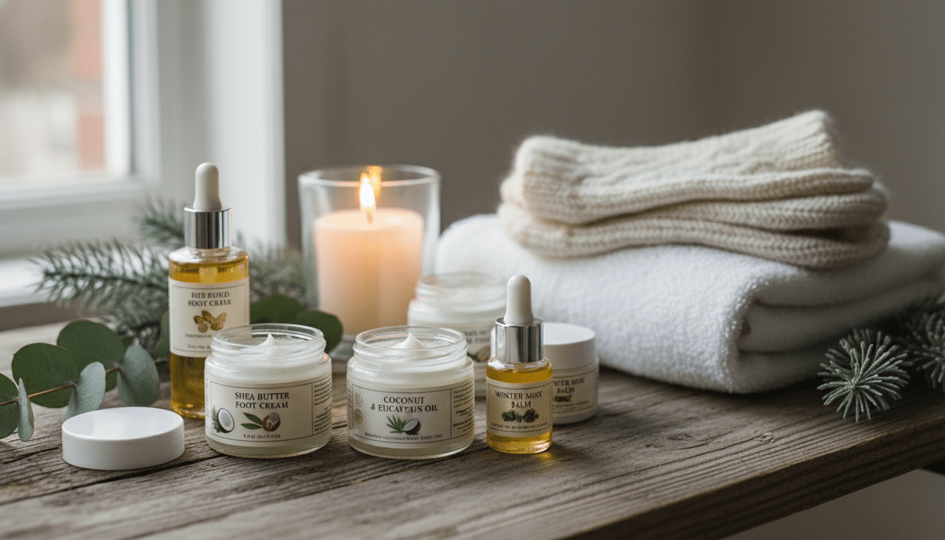 A serene winter scene featuring an array of winter foot care products elegantly displayed on a rustic wooden surface. In the foreground, focus on luxurious creams, oils, and balms, showcasing natural ingredients like shea butter, coconut oil, and essential oils. These items are attractively arranged with sprigs of eucalyptus and pine to evoke a refreshing atmosphere. The middle ground should include a cozy pair of knitted socks and a soft towel, hinting at comfort and warmth. In the background, a gently flickering candle adds a warm glow, creating a calming ambiance. The lighting is soft and inviting, reminiscent of a winter afternoon, emphasizing the textures and colors of the products, with a slight depth of field to draw attention to the foreground items. The mood is tranquil and nurturing, perfect for promoting winter foot care. A serene winter scene featuring an array of winter foot care products elegantly displayed on a rustic wooden surface. In the foreground, focus on luxurious creams, oils, and balms, showcasing natural ingredients like shea butter, coconut oil, and essential oils. These items are attractively arranged with sprigs of eucalyptus and pine to evoke a refreshing atmosphere. The middle ground should include a cozy pair of knitted socks and a soft towel, hinting at comfort and warmth. In the background, a gently flickering candle adds a warm glow, creating a calming ambiance. The lighting is soft and inviting, reminiscent of a winter afternoon, emphasizing the textures and colors of the products, with a slight depth of field to draw attention to the foreground items. The mood is tranquil and nurturing, perfect for promoting winter foot care.