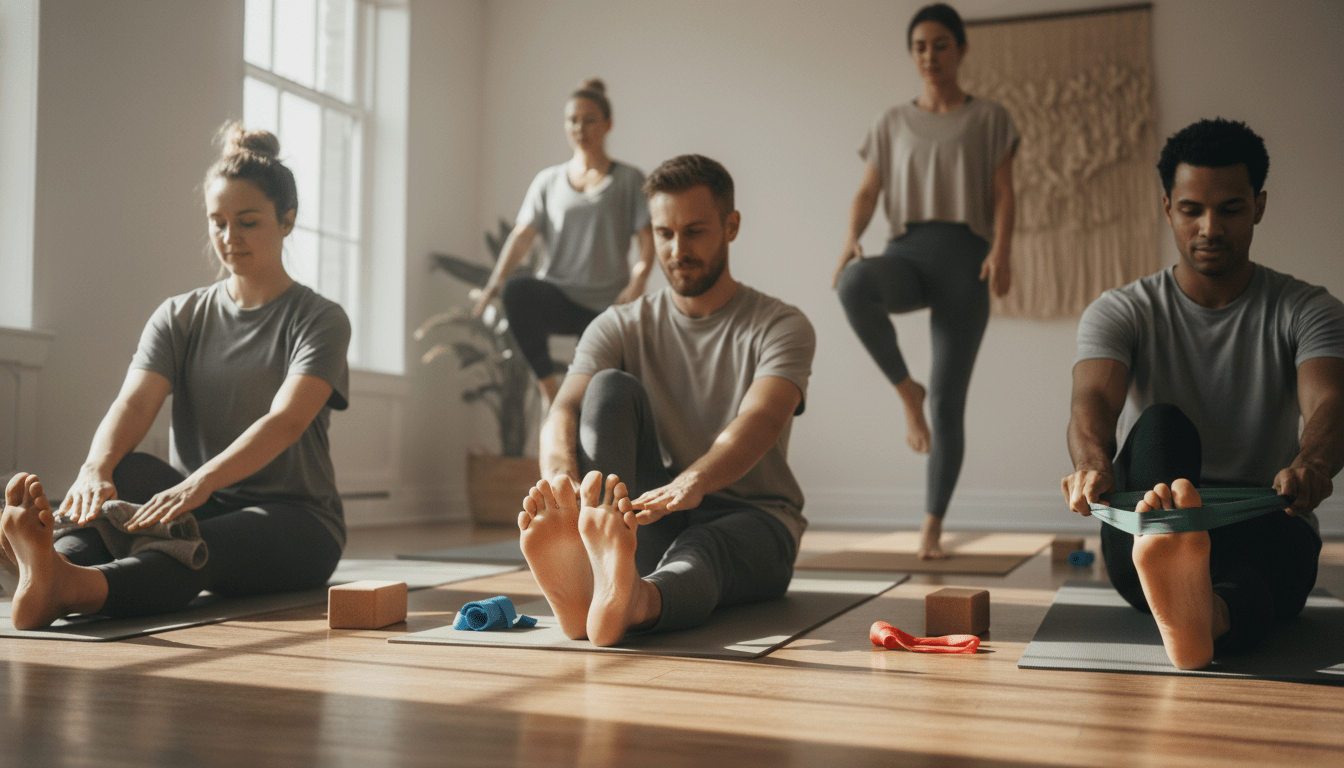 A serene yoga studio setting as the backdrop, with soft natural light streaming through large windows, creating a calm and inviting atmosphere. In the foreground, a diverse group of individuals, dressed in modest casual fitness attire, are engaged in various foot-strengthening exercises, such as toe raises and ankle rotations. Each person displays focus and determination, showcasing different foot positions and forms to highlight the exercises. The middle ground features yoga mats and small props like resistance bands. The overall composition should evoke motivation and positivity, emphasizing the importance of foot muscle strength through clear, dynamic poses and engaging facial expressions. The angle should focus on the subjects’ feet while capturing the essence of their movements. A serene yoga studio setting as the backdrop, with soft natural light streaming through large windows, creating a calm and inviting atmosphere. In the foreground, a diverse group of individuals, dressed in modest casual fitness attire, are engaged in various foot-strengthening exercises, such as toe raises and ankle rotations. Each person displays focus and determination, showcasing different foot positions and forms to highlight the exercises. The middle ground features yoga mats and small props like resistance bands. The overall composition should evoke motivation and positivity, emphasizing the importance of foot muscle strength through clear, dynamic poses and engaging facial expressions. The angle should focus on the subjects’ feet while capturing the essence of their movements.