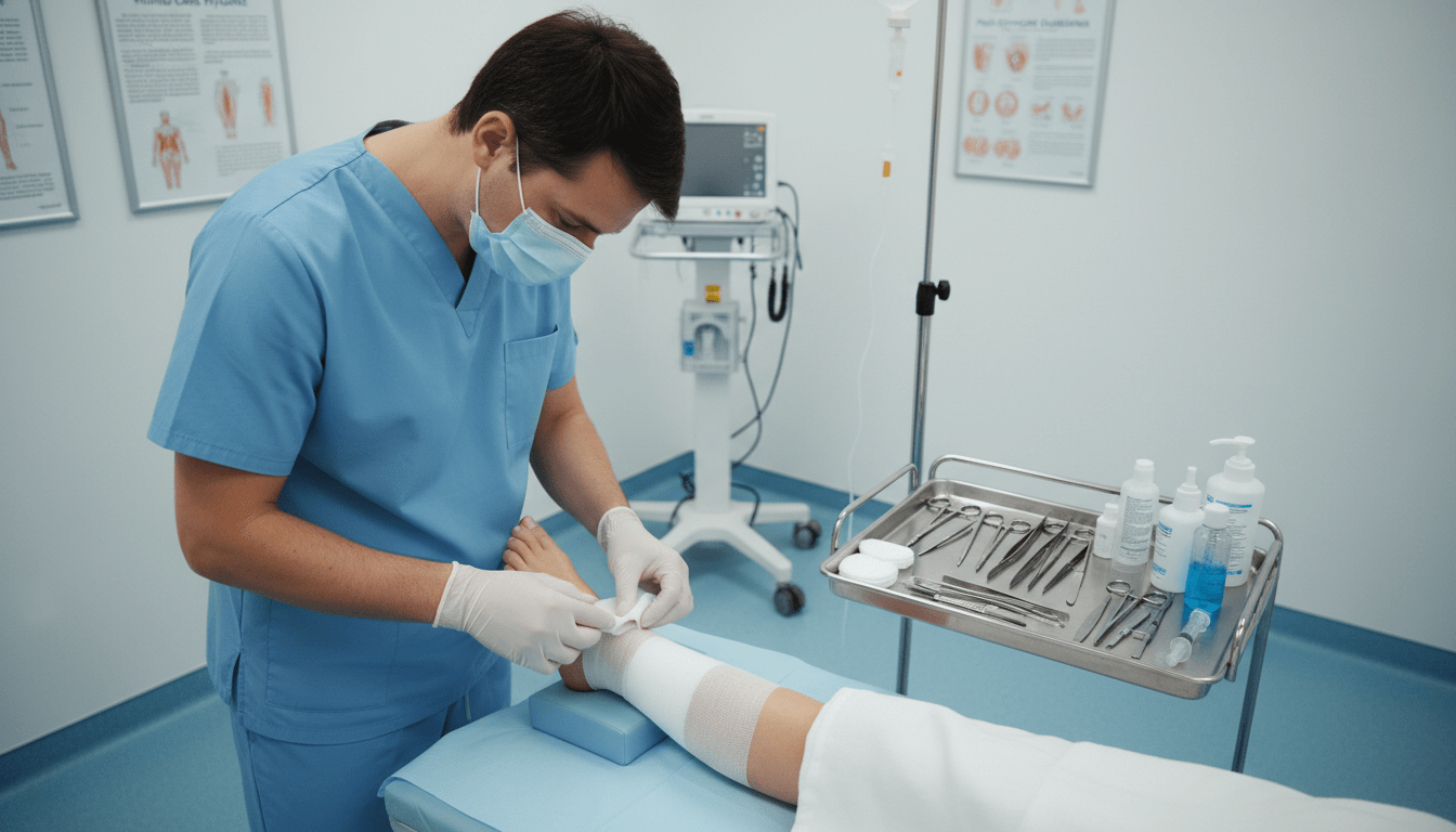 A sterile medical environment focusing on post-operative wound care. In the foreground, a healthcare professional in scrubs gently tends to a surgical wound on a patient's leg, showing meticulous attention to hygiene. The patient's leg is elevated, wrapped in a clean bandage, highlighting the importance of proper wound management. In the middle, a well-organized clinical setting displays various medical tools and supplies on a sterile tray, with soft, diffused lighting creating a calm and reassuring atmosphere. The background shows a neatly arranged medical room, with posters on wound care hygiene on the walls. The angle is slightly angled from above, capturing the engaged expressions of the healthcare professional and patient, enhancing the mood of care and trust in a recovery environment. A sterile medical environment focusing on post-operative wound care. In the foreground, a healthcare professional in scrubs gently tends to a surgical wound on a patient's leg, showing meticulous attention to hygiene. The patient's leg is elevated, wrapped in a clean bandage, highlighting the importance of proper wound management. In the middle, a well-organized clinical setting displays various medical tools and supplies on a sterile tray, with soft, diffused lighting creating a calm and reassuring atmosphere. The background shows a neatly arranged medical room, with posters on wound care hygiene on the walls. The angle is slightly angled from above, capturing the engaged expressions of the healthcare professional and patient, enhancing the mood of care and trust in a recovery environment.