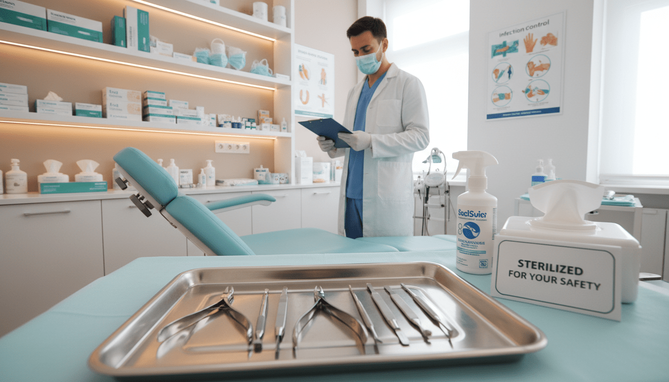 A well-organized and visually appealing podiatry clinic setting showcasing a comprehensive hygiene plan. In the foreground, a neatly arranged table with sanitized podiatry tools and disinfectants, highlighting the emphasis on cleanliness. The middle layer features a podiatrist in professional attire, meticulously reviewing hygiene protocols on a clipboard, exuding a sense of professionalism and care. In the background, shelves lined with neatly organized medical supplies and educational posters about hygiene standards contribute to the atmosphere of a sterile yet welcoming environment. Soft, warm lighting enhances the cleanliness vibe, with a slight focus effect on the table in the foreground, creating a calm and reassuring mood, ideal for conveying trust and safety in podiatry practices. A well-organized and visually appealing podiatry clinic setting showcasing a comprehensive hygiene plan. In the foreground, a neatly arranged table with sanitized podiatry tools and disinfectants, highlighting the emphasis on cleanliness. The middle layer features a podiatrist in professional attire, meticulously reviewing hygiene protocols on a clipboard, exuding a sense of professionalism and care. In the background, shelves lined with neatly organized medical supplies and educational posters about hygiene standards contribute to the atmosphere of a sterile yet welcoming environment. Soft, warm lighting enhances the cleanliness vibe, with a slight focus effect on the table in the foreground, creating a calm and reassuring mood, ideal for conveying trust and safety in podiatry practices.