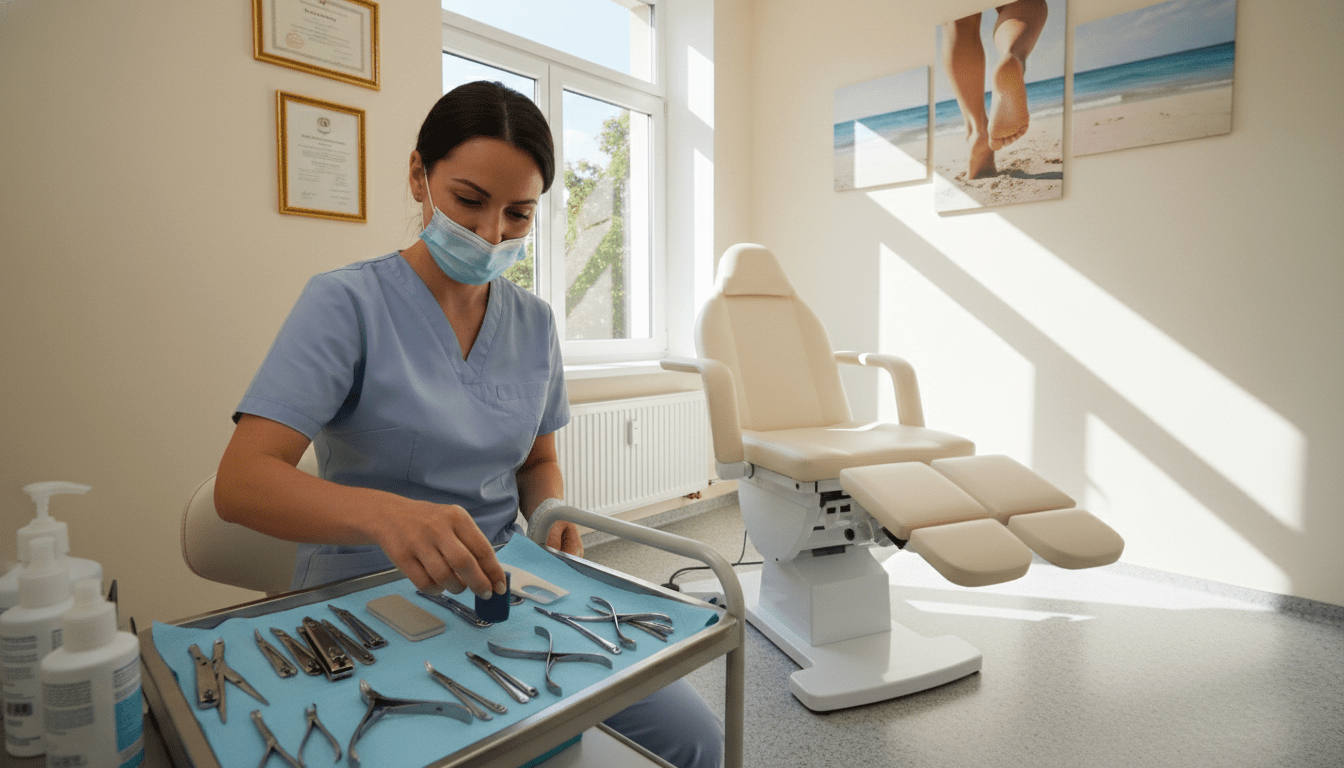 A well-organized, clean podiatry treatment room is the focus of this image. In the foreground, a professional podiatrist, dressed in modest scrubs, prepares tools such as nail clippers, a foot file, and antiseptic solutions on a sterilized tray. Their expression is focused and welcoming. In the middle ground, a comfortable examination chair is positioned beside a large window that bathes the room in soft, natural light, creating a calming atmosphere. The background features light-colored walls adorned with framed certificates and comforting images of feet, enhancing the sense of professionalism and care. The overall mood is tranquil and reassuring, ideal for illustrating the preparation stage for a first podiatry appointment. A well-organized, clean podiatry treatment room is the focus of this image. In the foreground, a professional podiatrist, dressed in modest scrubs, prepares tools such as nail clippers, a foot file, and antiseptic solutions on a sterilized tray. Their expression is focused and welcoming. In the middle ground, a comfortable examination chair is positioned beside a large window that bathes the room in soft, natural light, creating a calming atmosphere. The background features light-colored walls adorned with framed certificates and comforting images of feet, enhancing the sense of professionalism and care. The overall mood is tranquil and reassuring, ideal for illustrating the preparation stage for a first podiatry appointment.