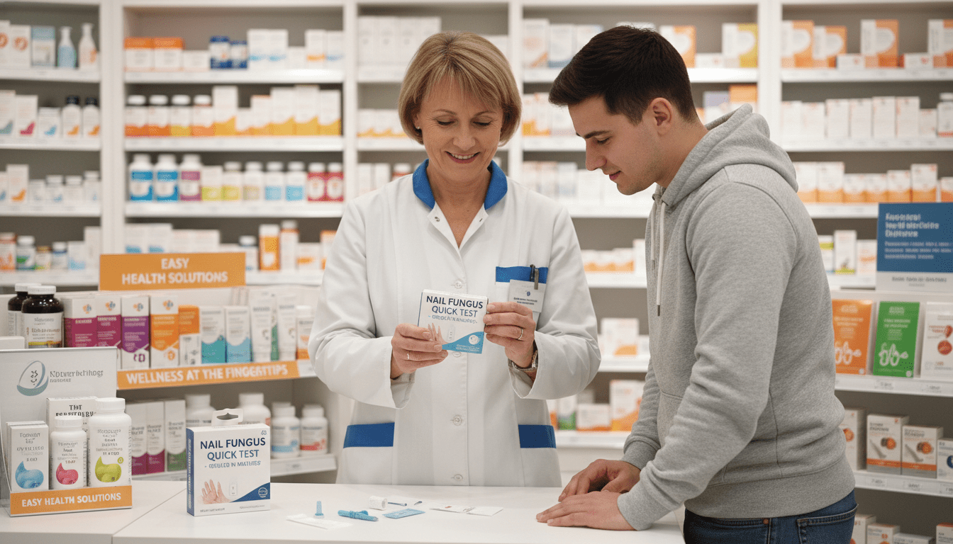 A well-organized pharmacy interior showcasing the advantages of a quick nail fungus test. In the foreground, a pharmacist, a middle-aged individual in a professional lab coat, is demonstrating the test kit to a patient, a young adult in modest casual clothing, who looks engaged and curious. The middle ground features a neatly arranged display of various health products, emphasizing the accessibility and convenience of pharmacy services. In the background, brightly lit shelves lined with medicine and health pamphlets create a welcoming atmosphere. The lighting should be bright and inviting, with a soft focus on the background to highlight the interaction between the pharmacist and patient. The overall mood is informative and reassuring, portraying the pharmacy as a resourceful space for health concerns. A well-organized pharmacy interior showcasing the advantages of a quick nail fungus test. In the foreground, a pharmacist, a middle-aged individual in a professional lab coat, is demonstrating the test kit to a patient, a young adult in modest casual clothing, who looks engaged and curious. The middle ground features a neatly arranged display of various health products, emphasizing the accessibility and convenience of pharmacy services. In the background, brightly lit shelves lined with medicine and health pamphlets create a welcoming atmosphere. The lighting should be bright and inviting, with a soft focus on the background to highlight the interaction between the pharmacist and patient. The overall mood is informative and reassuring, portraying the pharmacy as a resourceful space for health concerns.