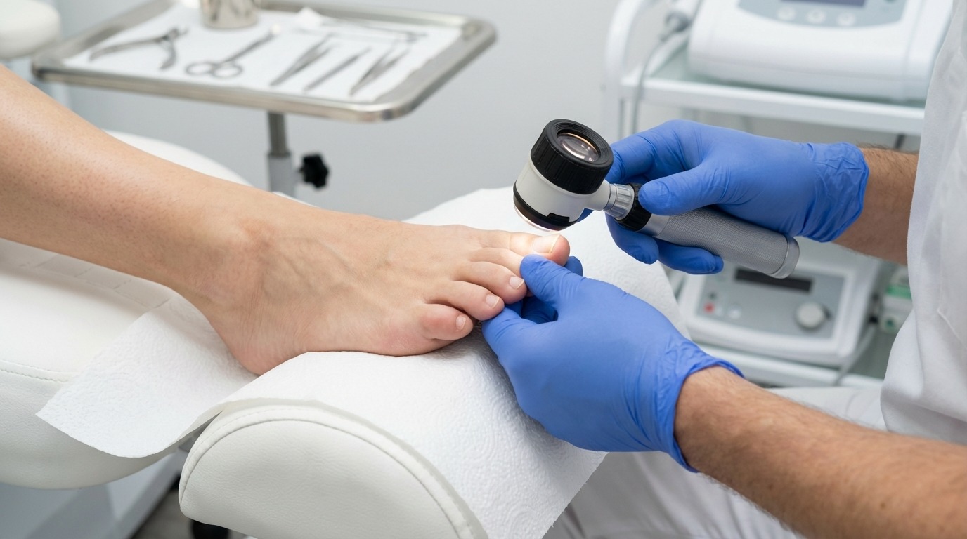 Podologische Untersuchung eines schwarzen Flecks unter dem Zehennagel Podologin untersucht schwarzen Fleck unter dem Zehennagel mit Dermatoskop in der Praxis