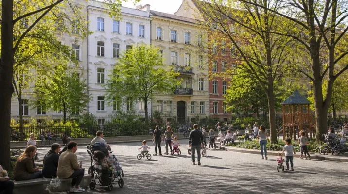Berlin Prenzlauer Berg: Kollwitzplatz mit Familien und sanierten Altbauten