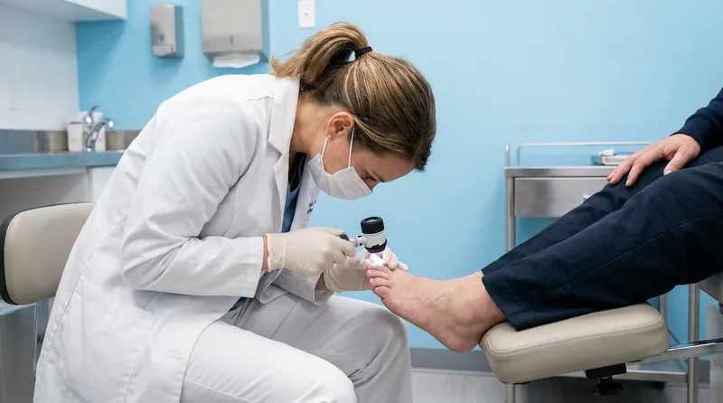 Ärztin untersucht einen Zehennagel zur Nagelpilz-Diagnose