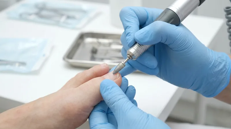 Podologin trägt befallenes Nagelmaterial mit dem Fräser ab