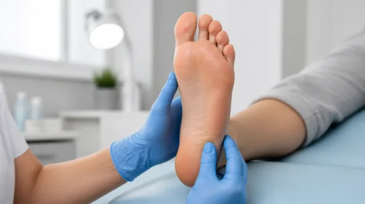 Diabetischer Fuß Anzeichen: Podologin kontrolliert die Fußsohle beim Screening