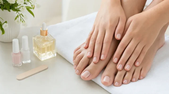 Nägel kaputt nach Gelnägeln: gepflegte natürliche Finger- und Fußnägel neben Nagellack und Nagelöl